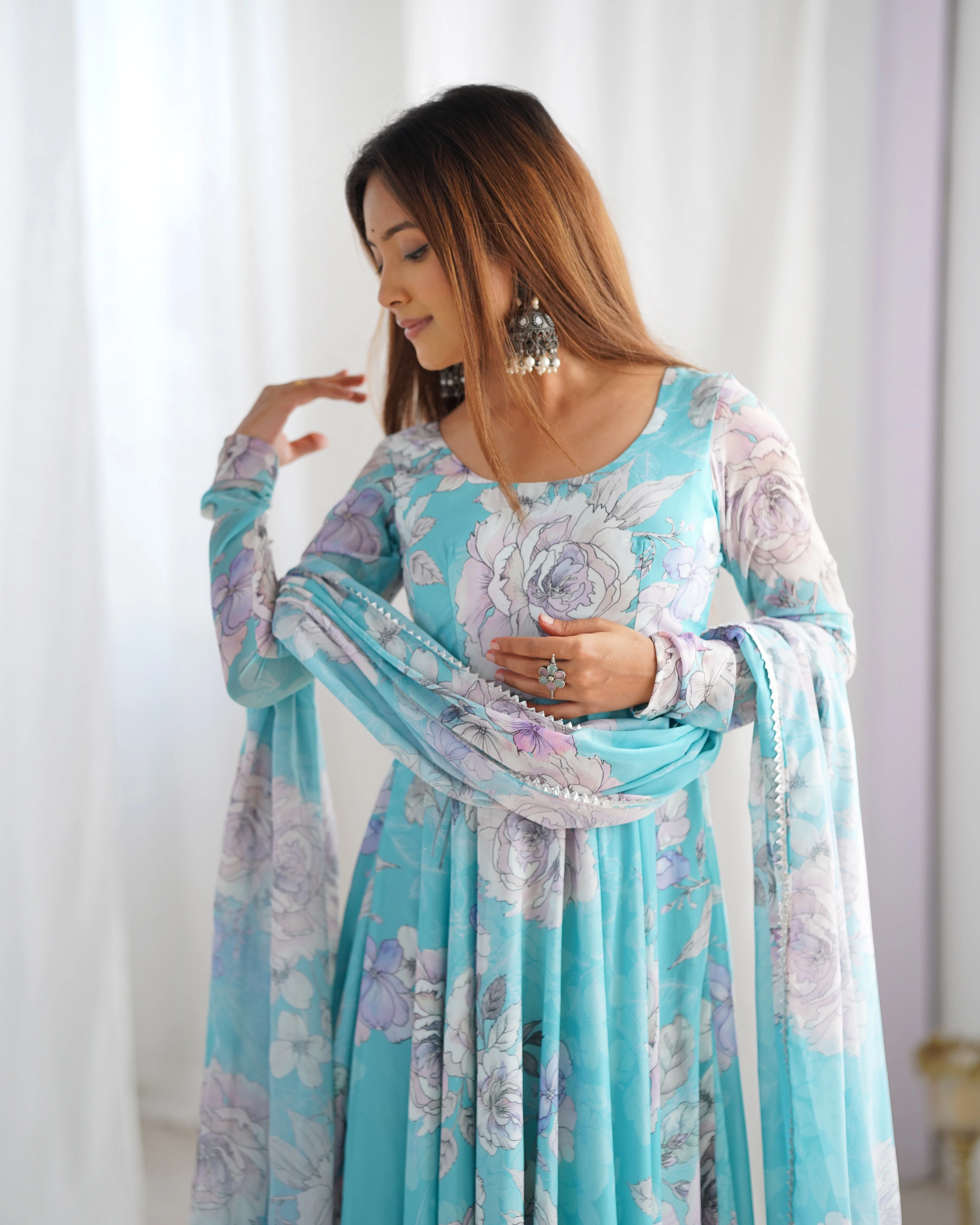 Elegant Fox Georgette Floral Anarkali Gown Set with Dupatta - Image 6