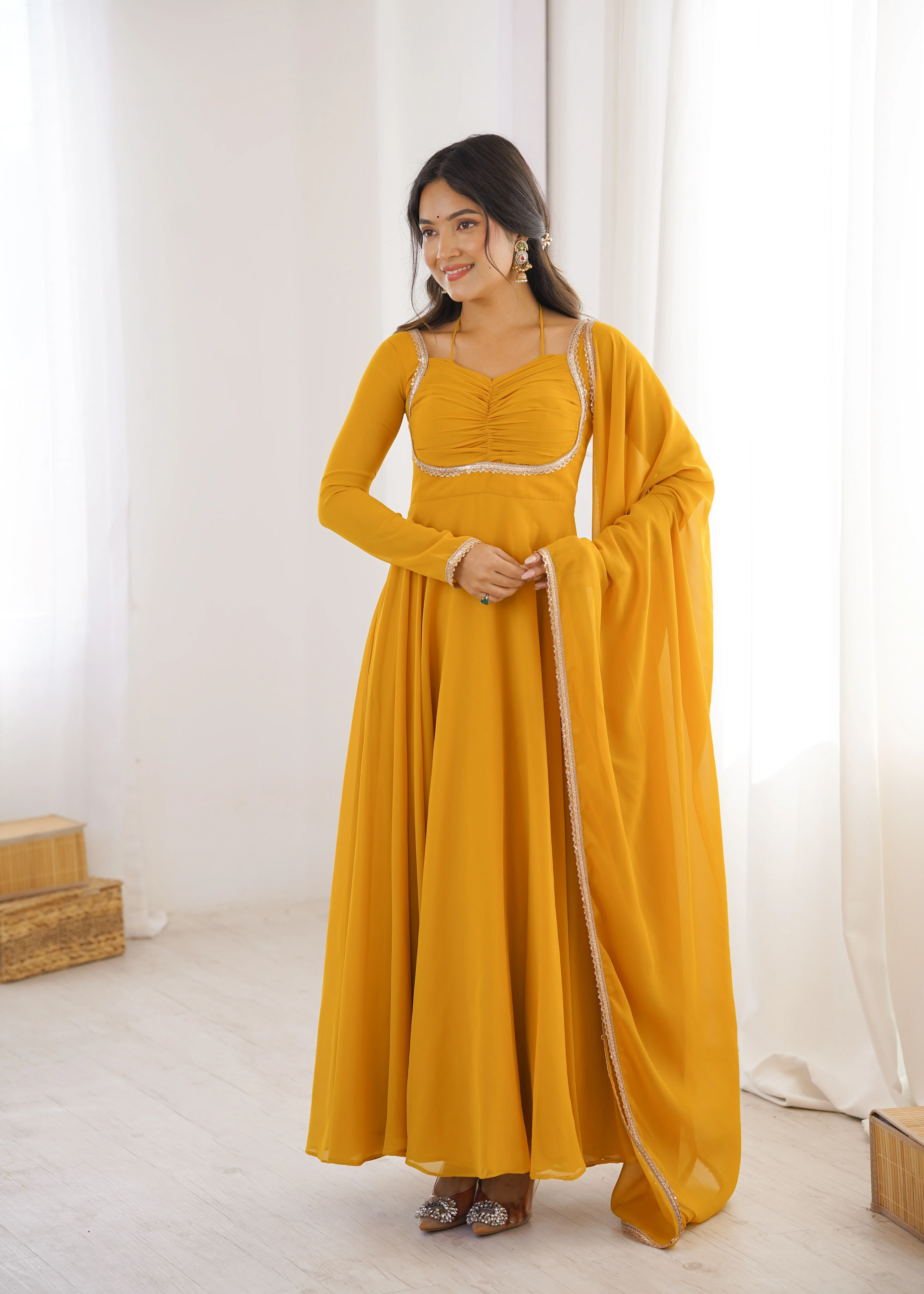 Elegant Georgette Yellow Anarkali Gown with Dupatta