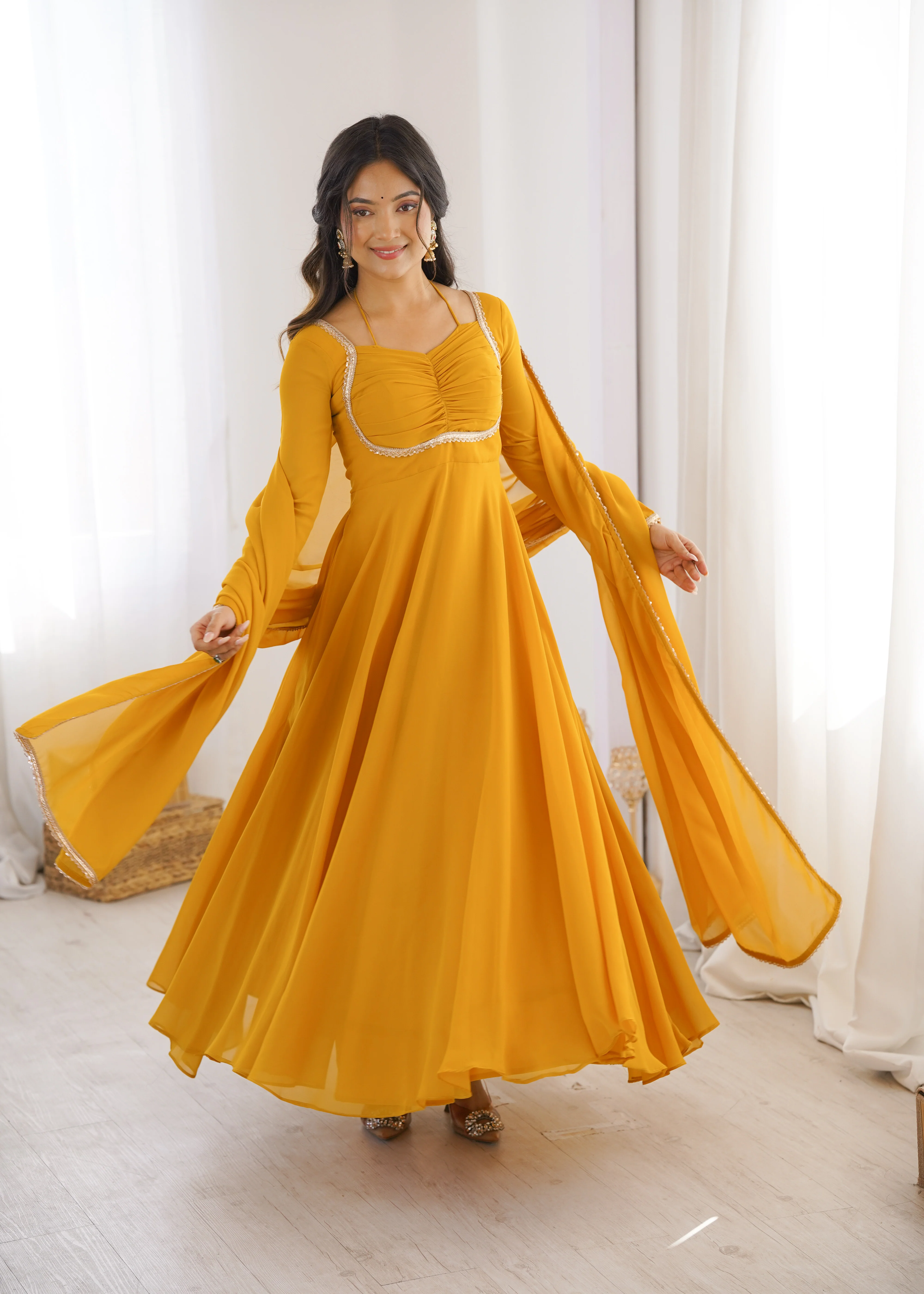 Elegant Georgette Yellow Anarkali Gown with Dupatta - Image 2