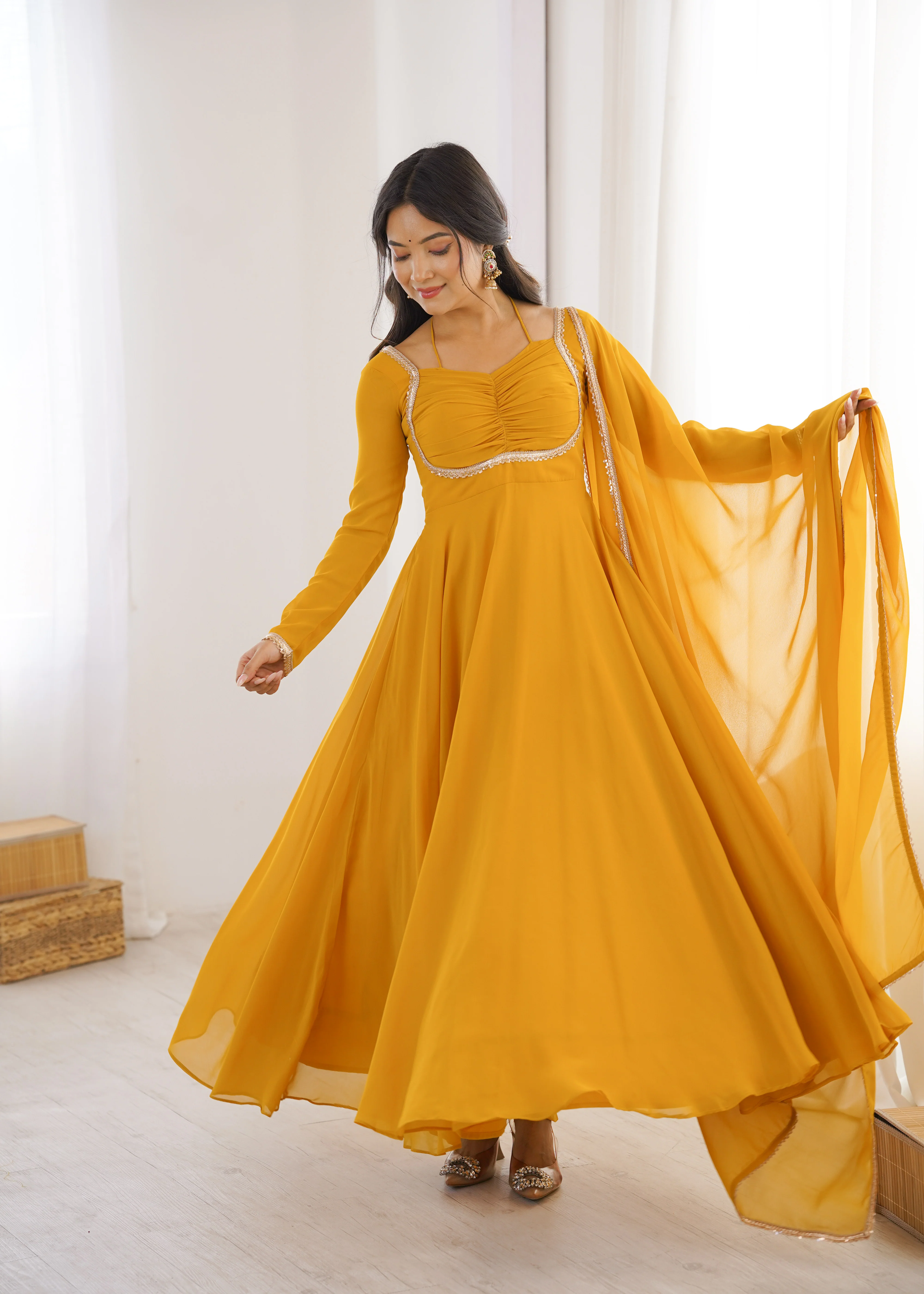 Elegant Georgette Yellow Anarkali Gown with Dupatta - Image 3