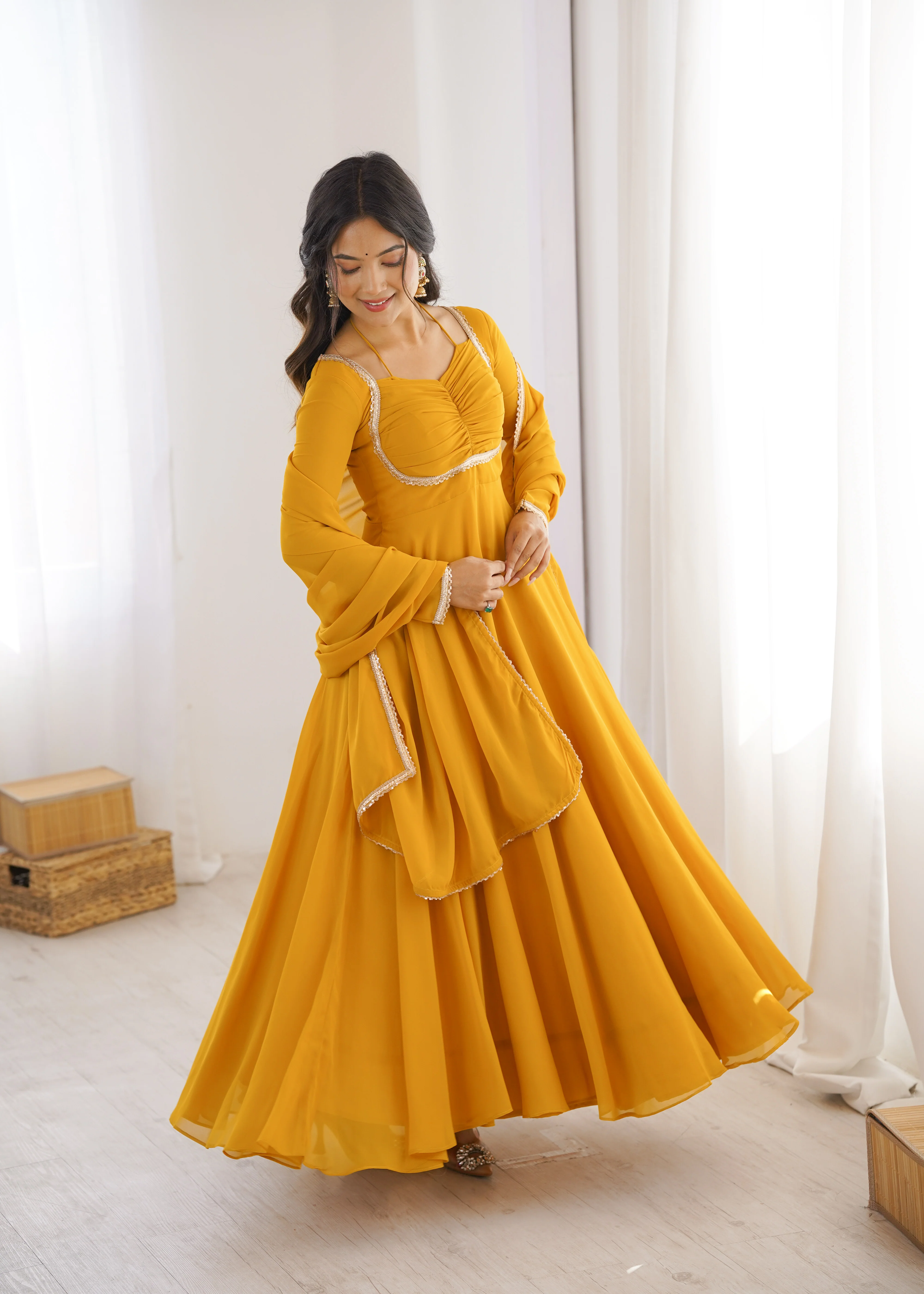 Elegant Georgette Yellow Anarkali Gown with Dupatta - Image 4