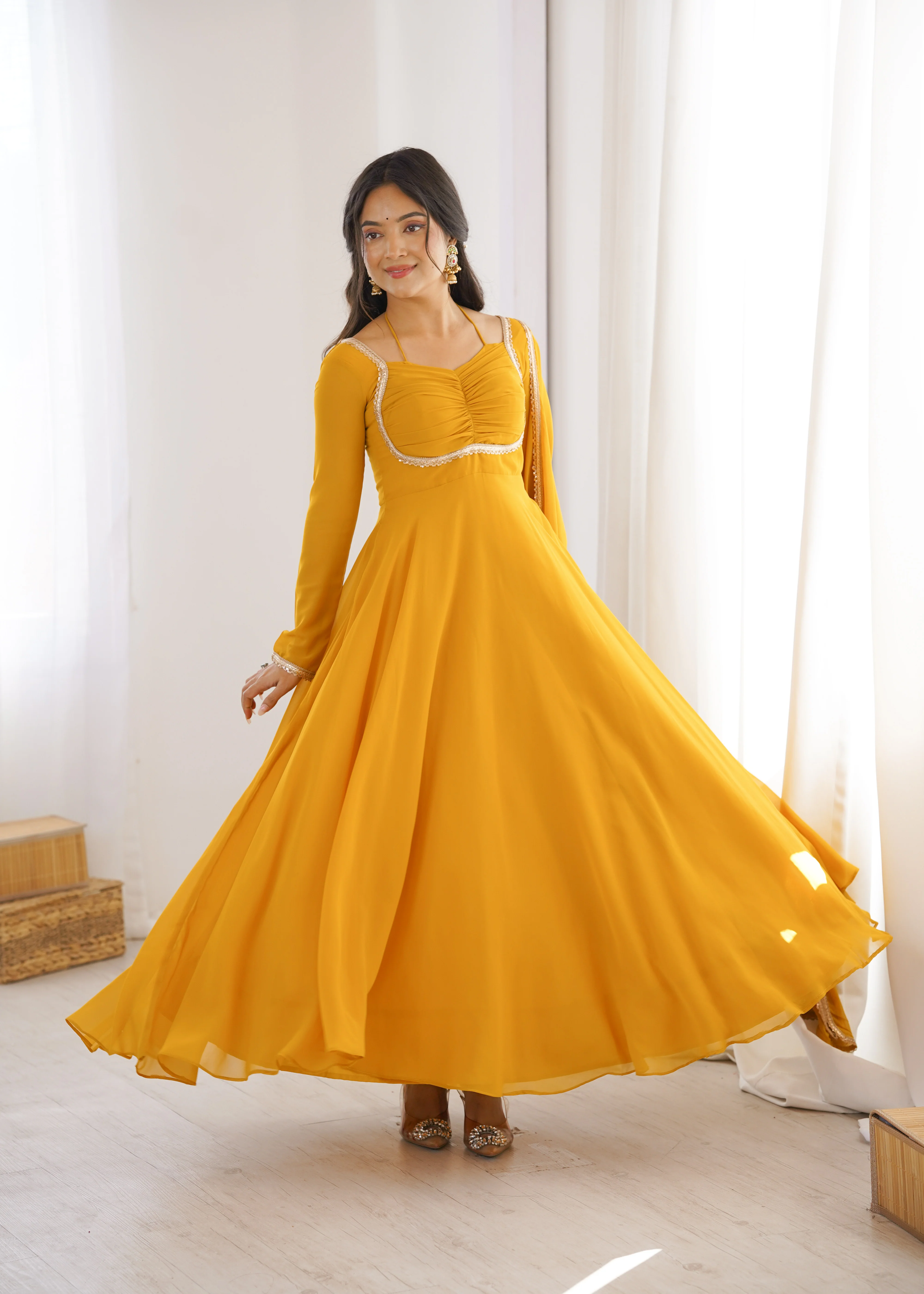 Elegant Georgette Yellow Anarkali Gown with Dupatta - Image 5