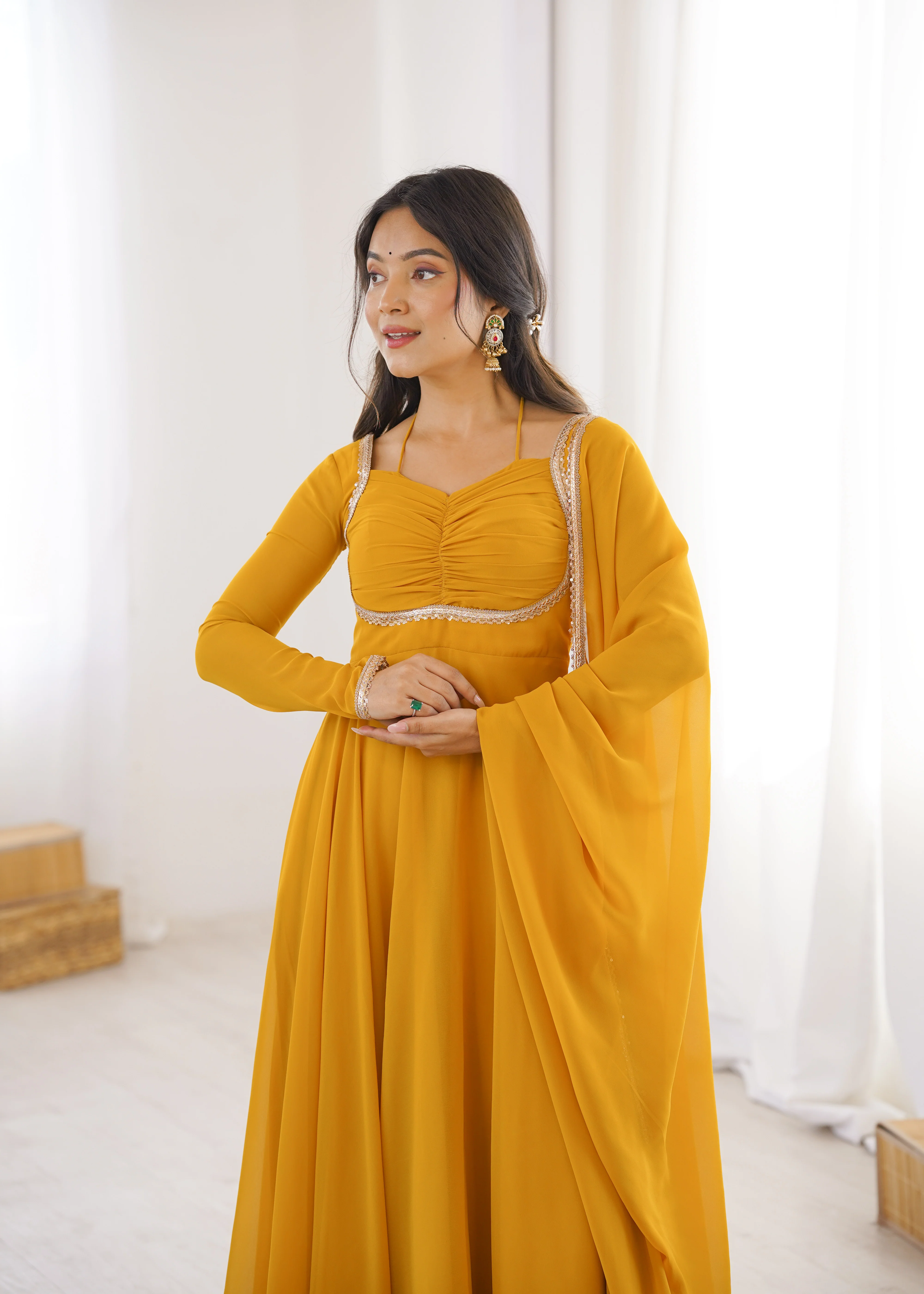 Elegant Georgette Yellow Anarkali Gown with Dupatta - Image 6