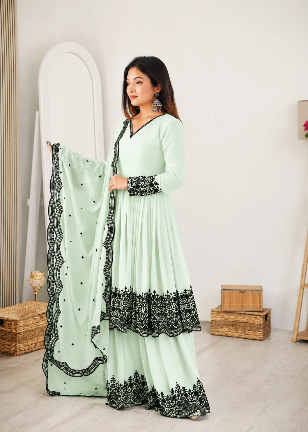Elegant Green Faux Georgette Embroidered Suit Set with Dupatta