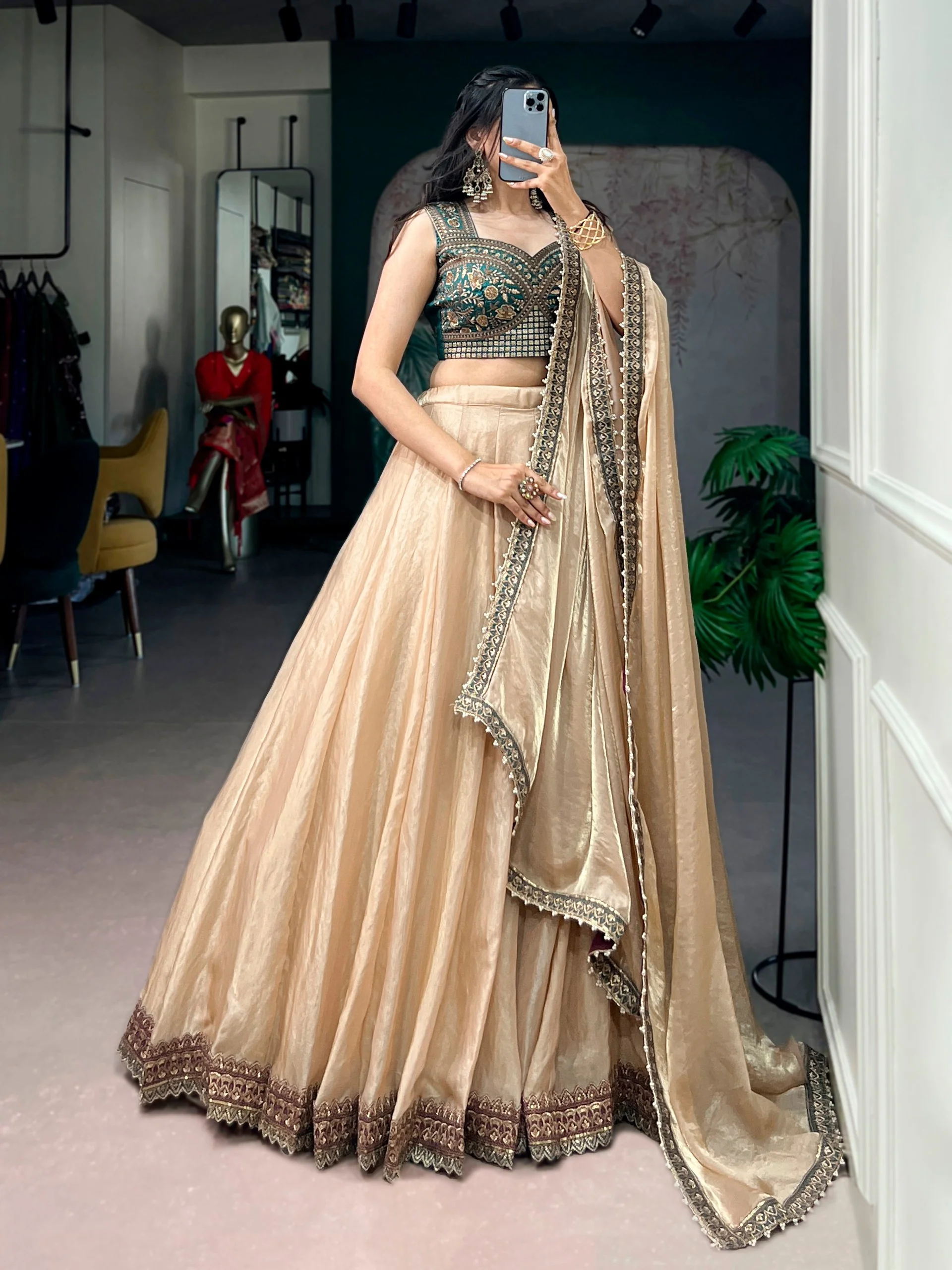 Wedding Special Fendi Silk Lehenga Choli with Embroidered Banglory Silk Blouse