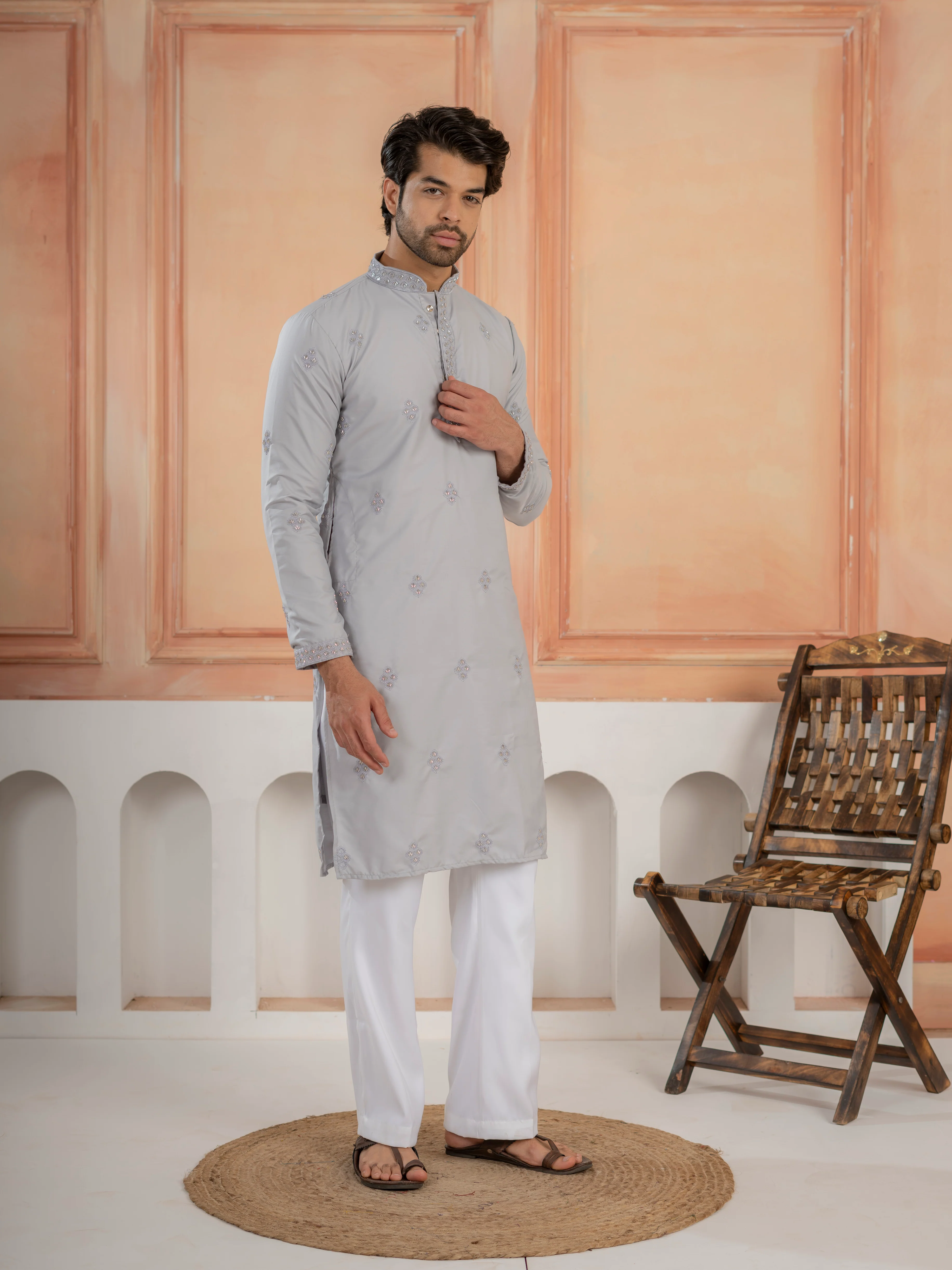 Elegant Grey Soft Cotton Val-Moti Butta Work Kurta Set