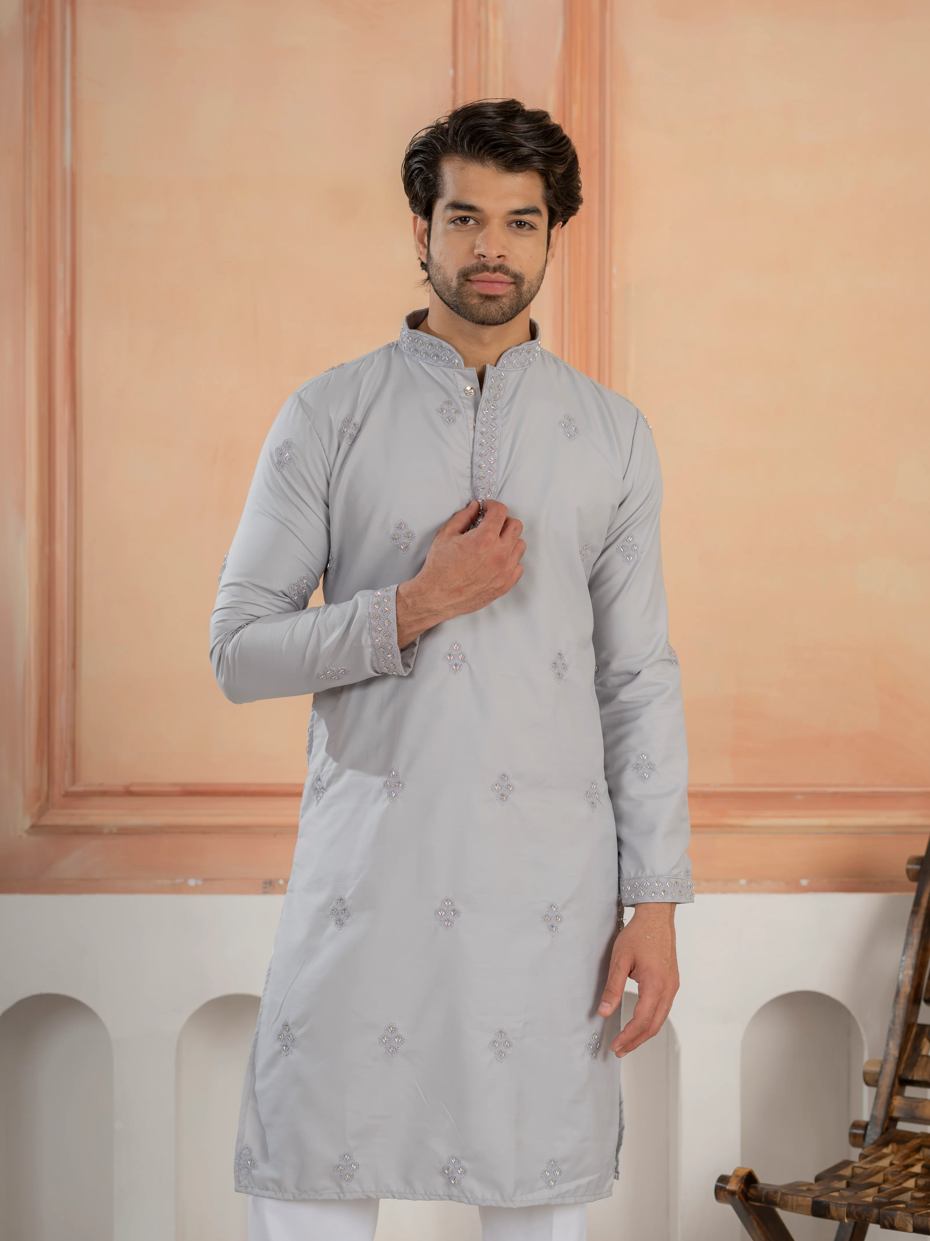 Elegant Grey Soft Cotton Val-Moti Butta Work Kurta Set - Image 2