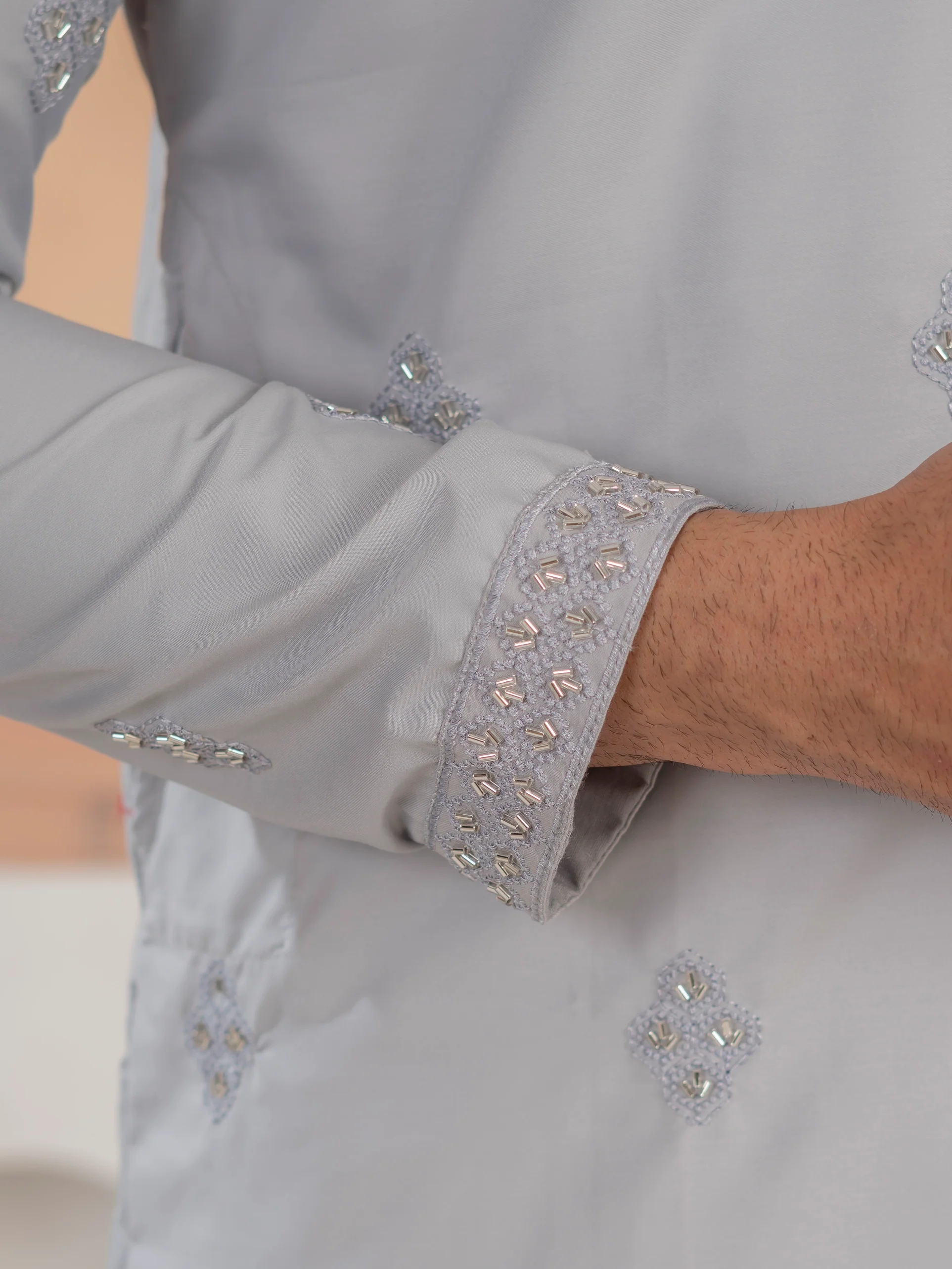 Elegant Grey Soft Cotton Val-Moti Butta Work Kurta Set - Image 4