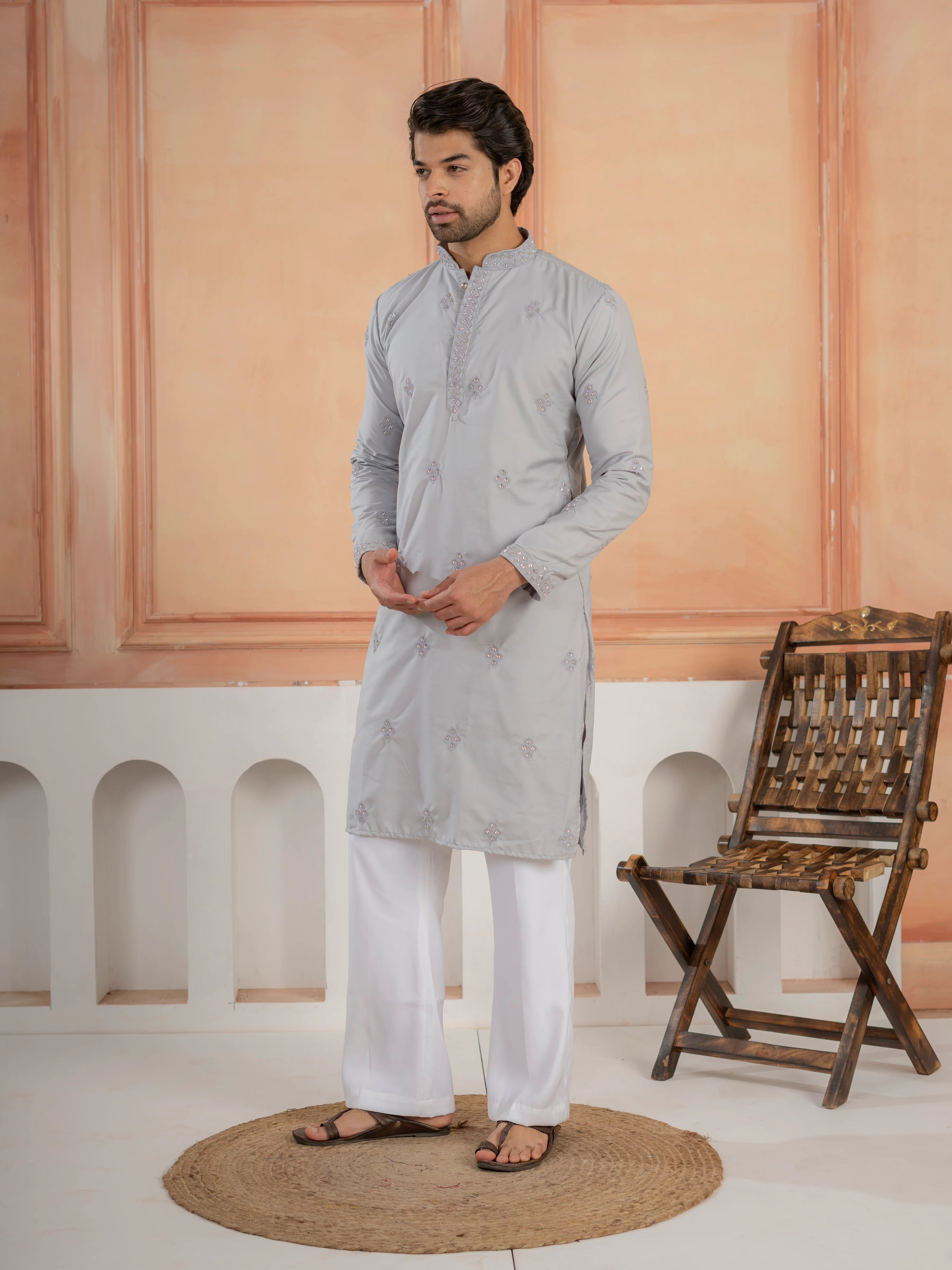 Elegant Grey Soft Cotton Val-Moti Butta Work Kurta Set - Image 5