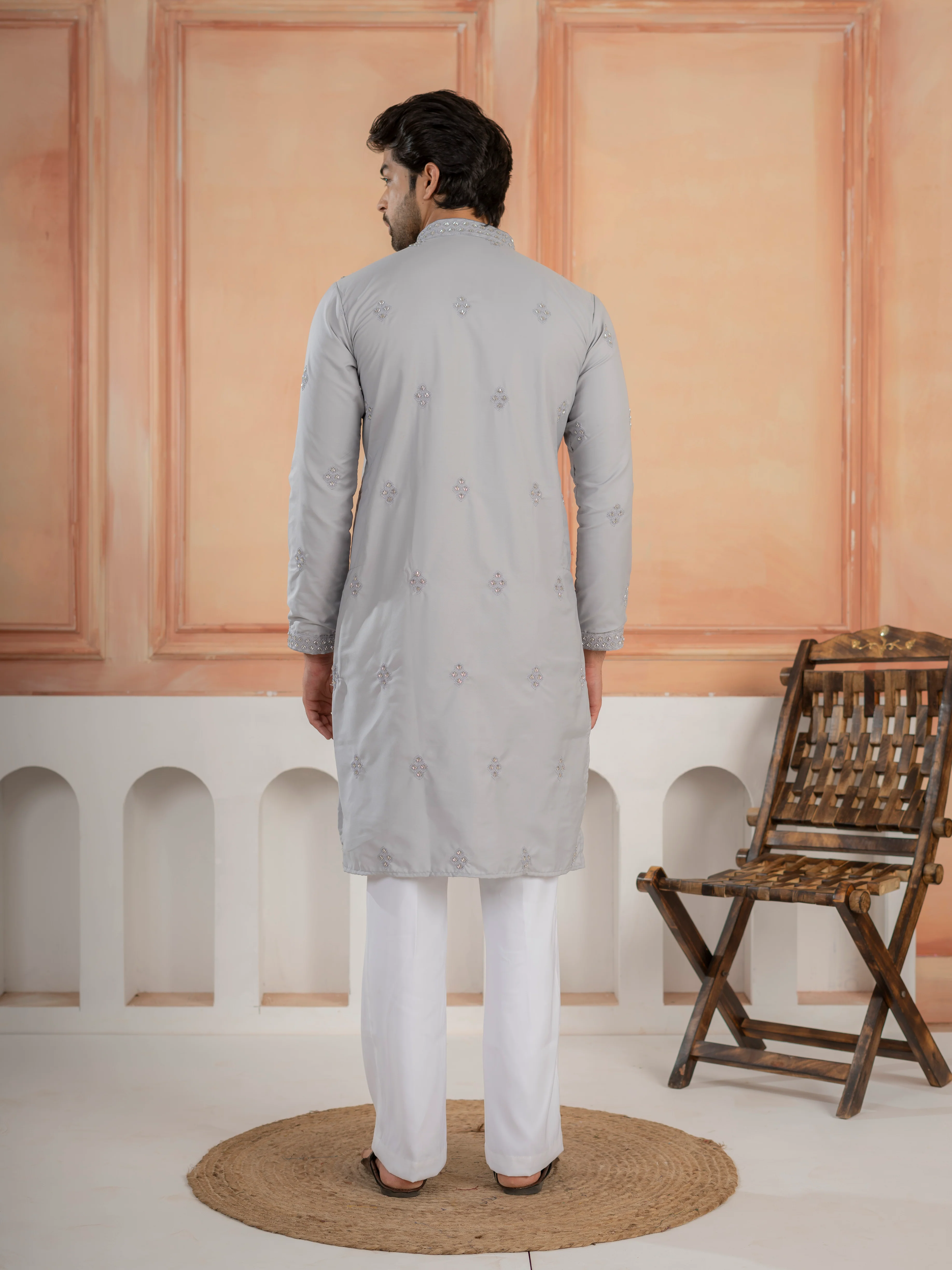 Elegant Grey Soft Cotton Val-Moti Butta Work Kurta Set - Image 6