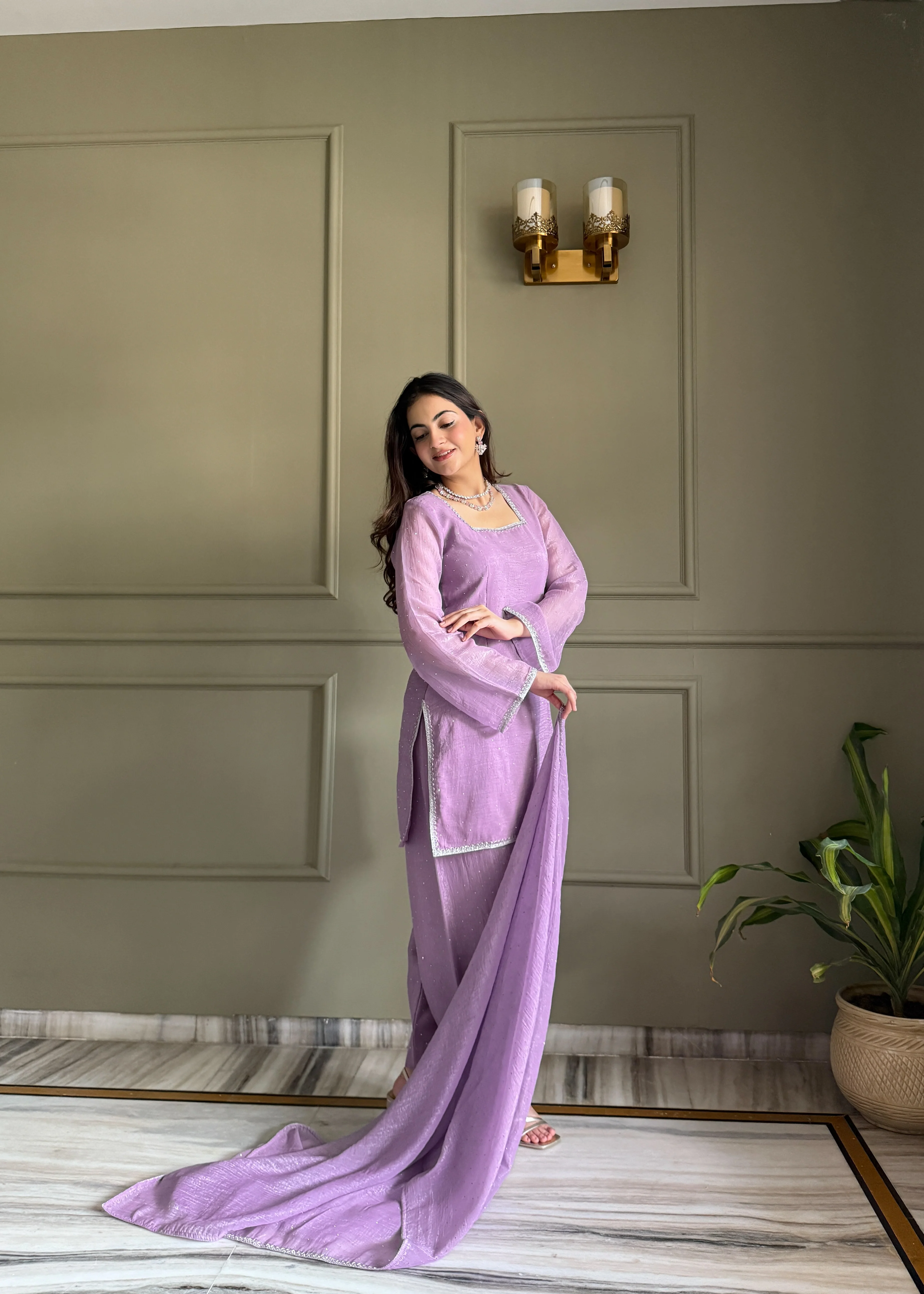 Elegant Lavender Crunchy Silk Siroski Work Women's Suit Set - Image 3