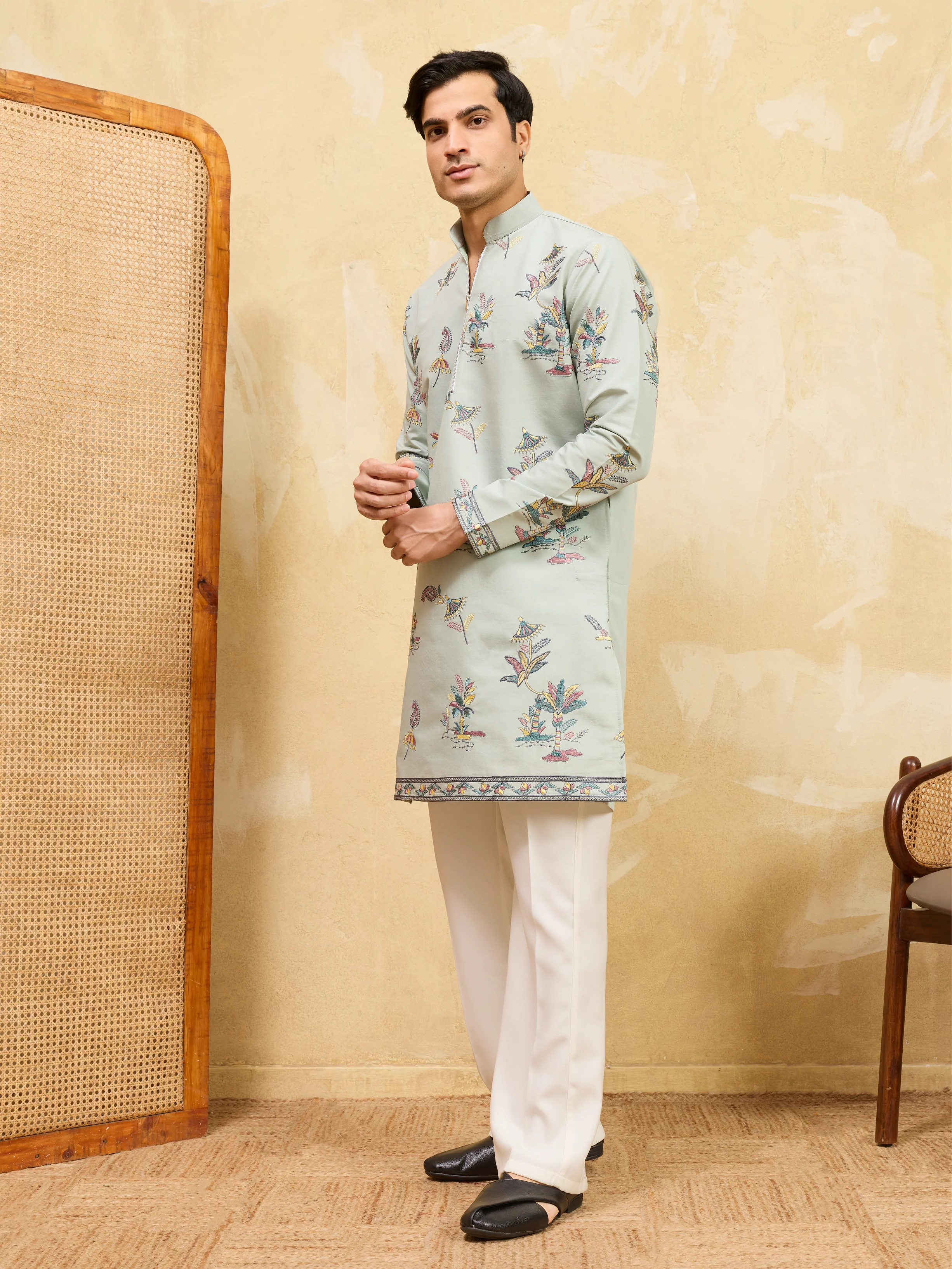 Elegant Light Green Viscose Silk Kurta Set for Festive Occasions - Image 6