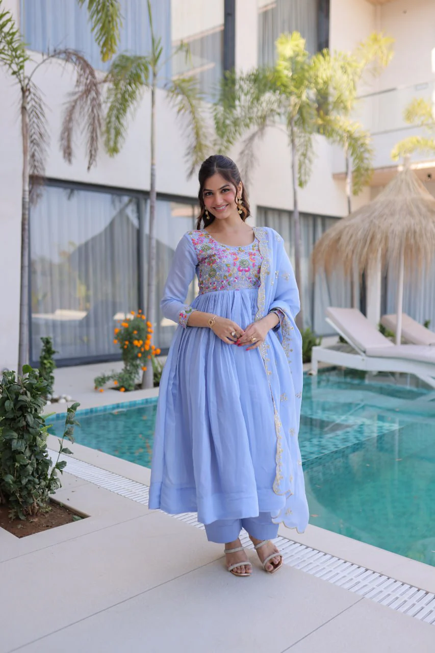 Elegant Mal Chanderi Beads Work Gown Set with Bottom and Dupatta