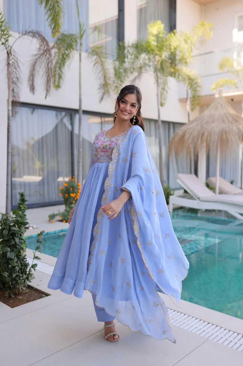 Elegant Mal Chanderi Beads Work Gown Set with Bottom and Dupatta - Image 2