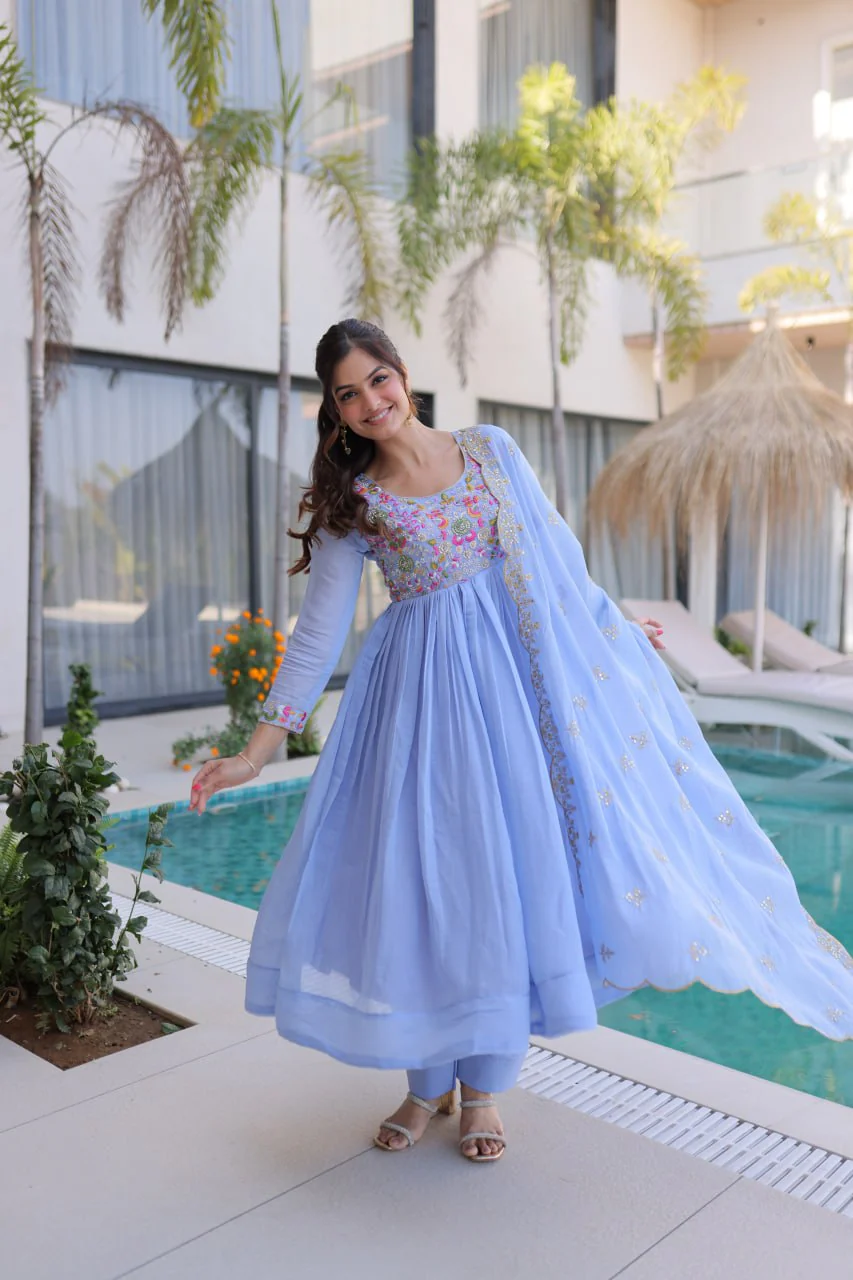 Elegant Mal Chanderi Beads Work Gown Set with Bottom and Dupatta - Image 3