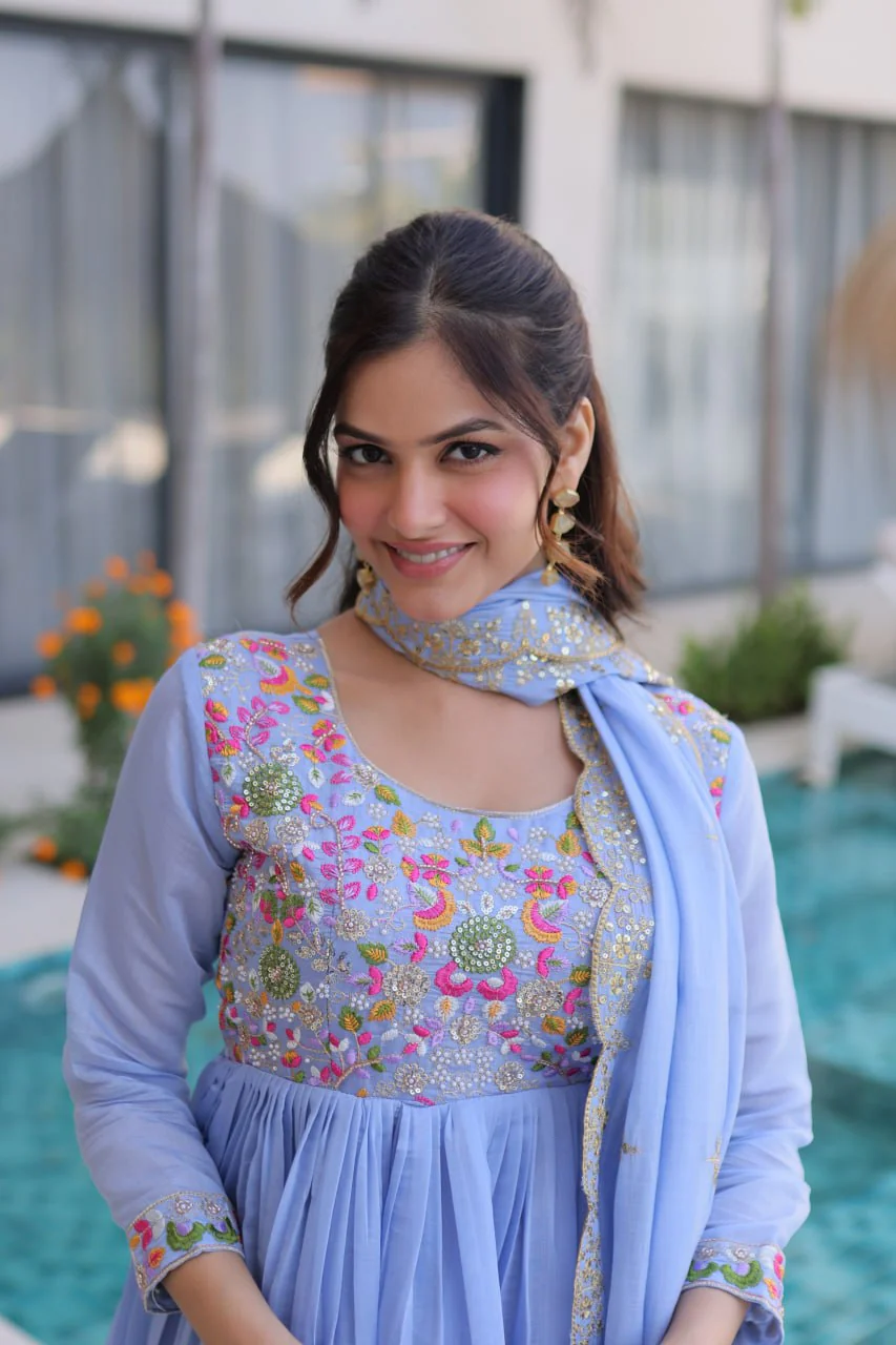 Elegant Mal Chanderi Beads Work Gown Set with Bottom and Dupatta - Image 4