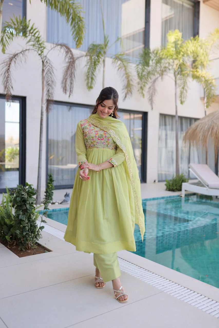 Elegant Mal Chanderi Beads Work Gown Set with Bottom and Dupatta - Image 5