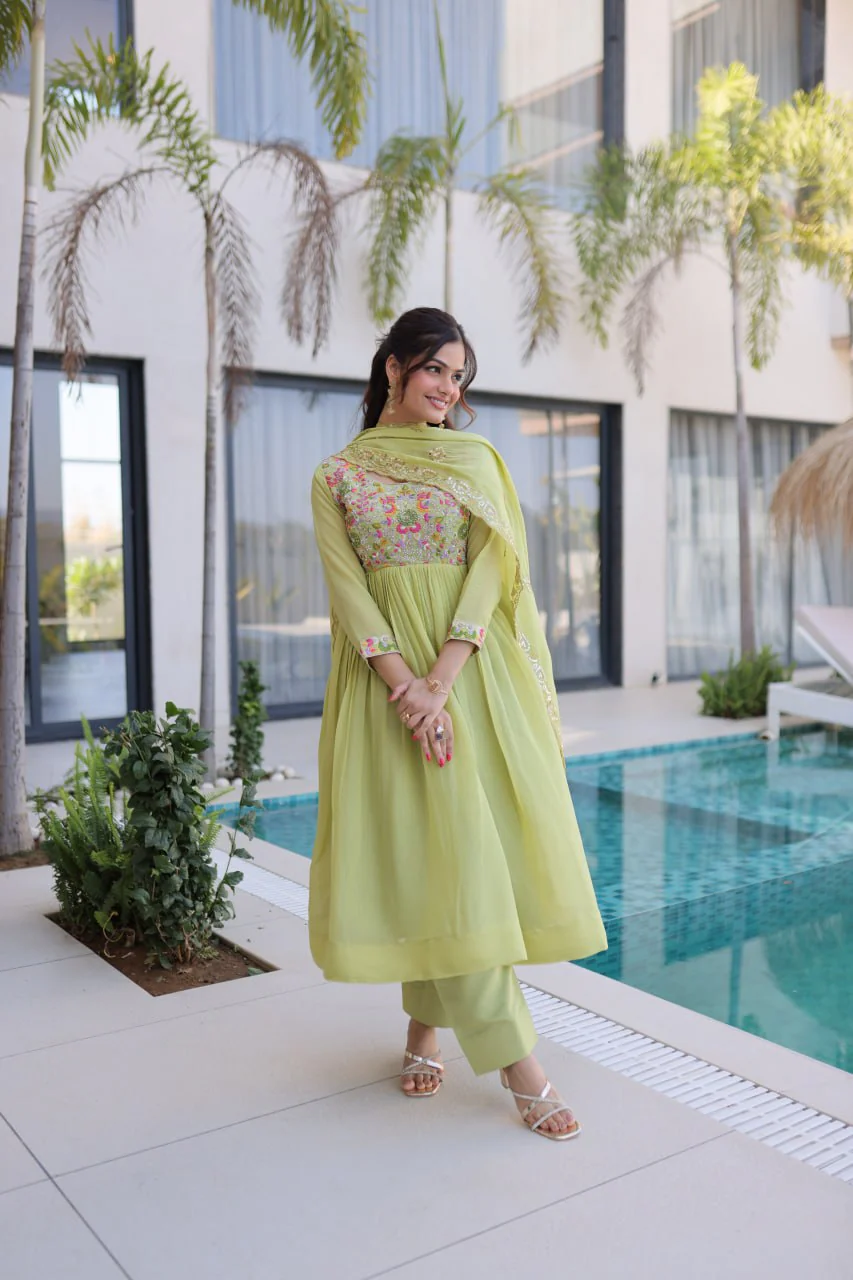 Elegant Mal Chanderi Beads Work Gown Set with Bottom and Dupatta - Image 6