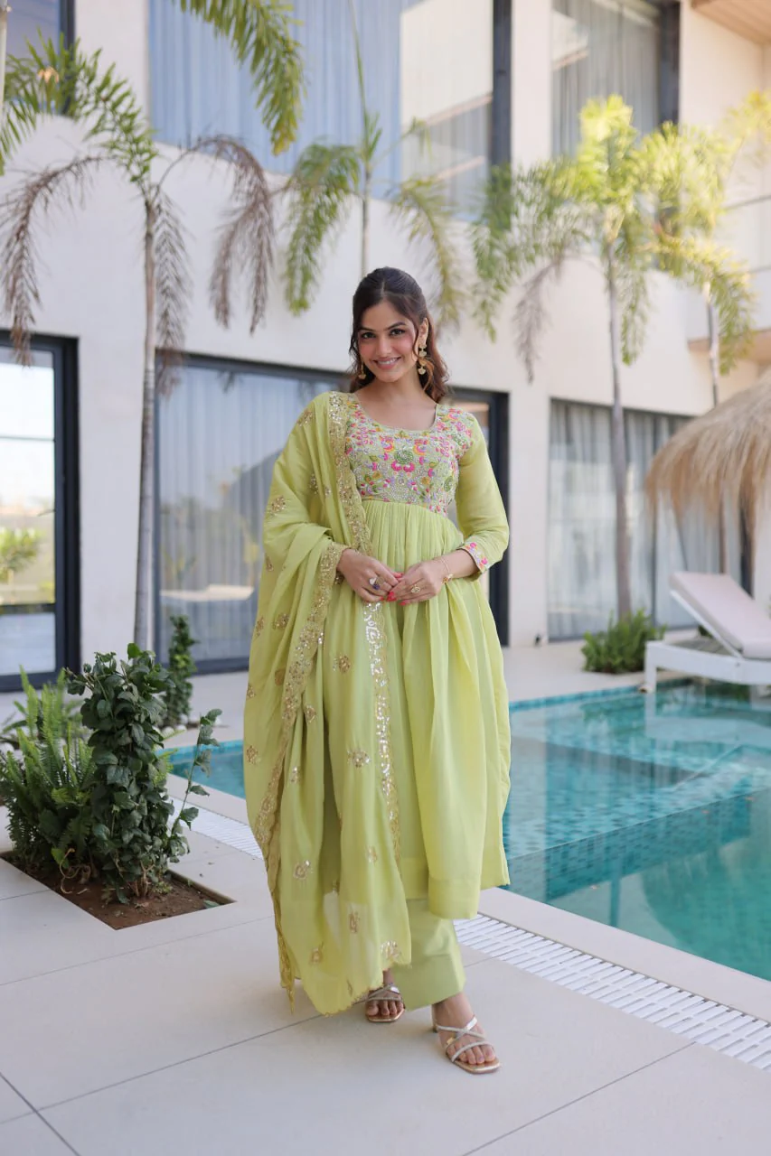 Elegant Mal Chanderi Beads Work Gown Set with Bottom and Dupatta - Image 7