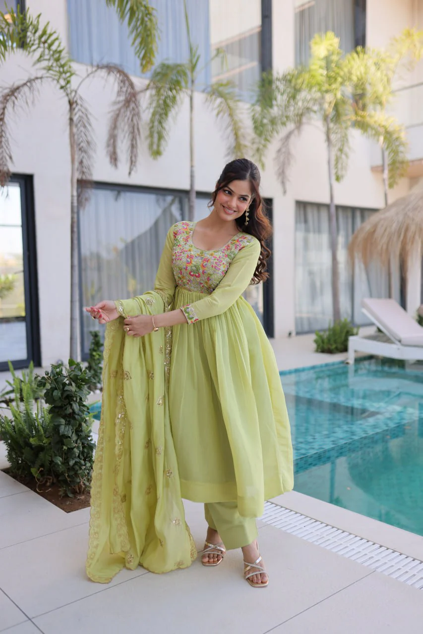 Elegant Mal Chanderi Beads Work Gown Set with Bottom and Dupatta - Image 8