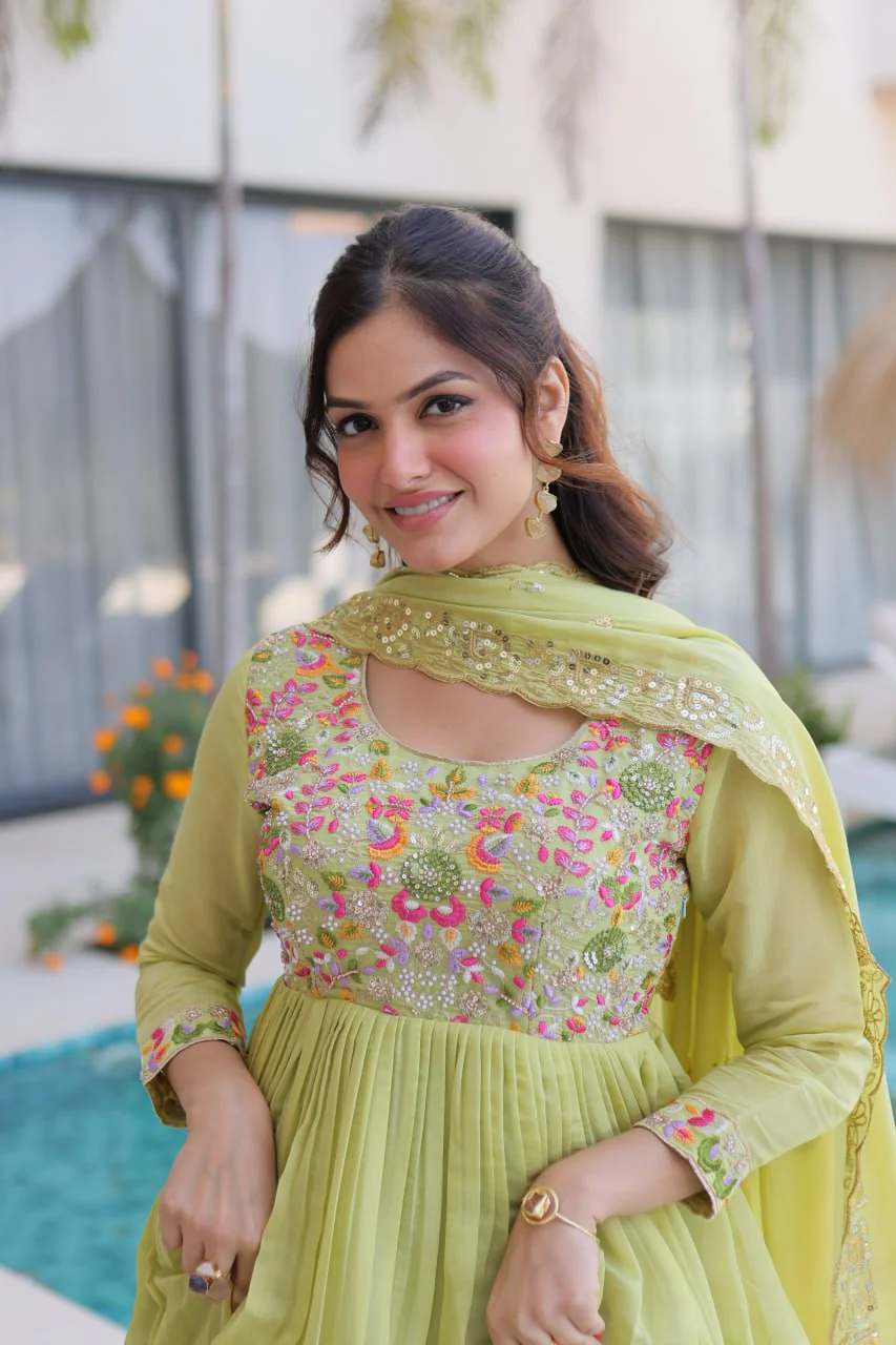Elegant Mal Chanderi Beads Work Gown Set with Bottom and Dupatta - Image 9