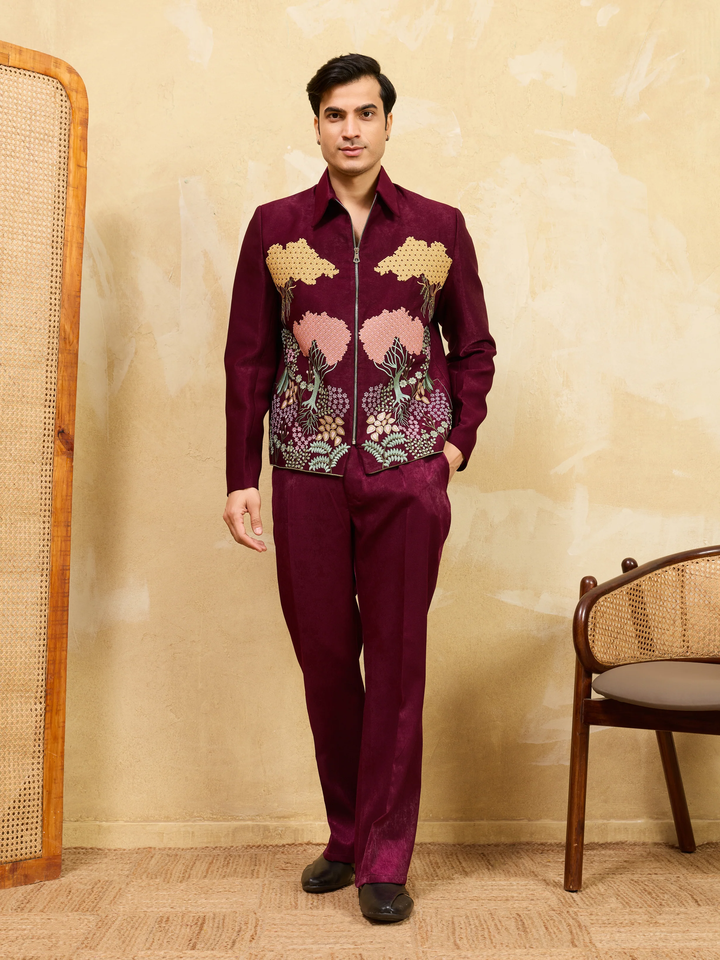 Elegant Maroon Bomber Jacket with Pant for Men's - Image 5