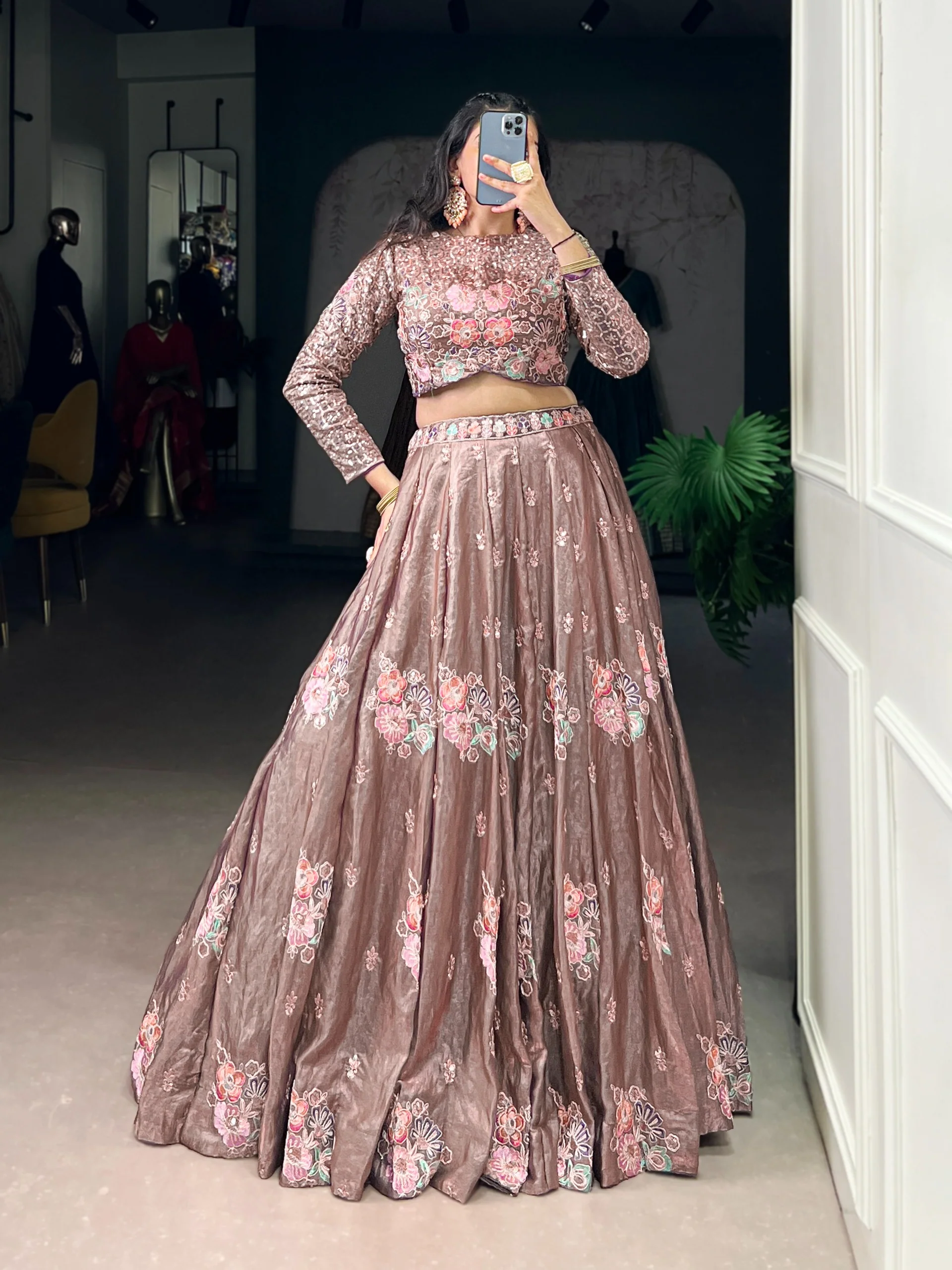 Elegant Onion Fendi Thread Embroidered Lehenga Outfit