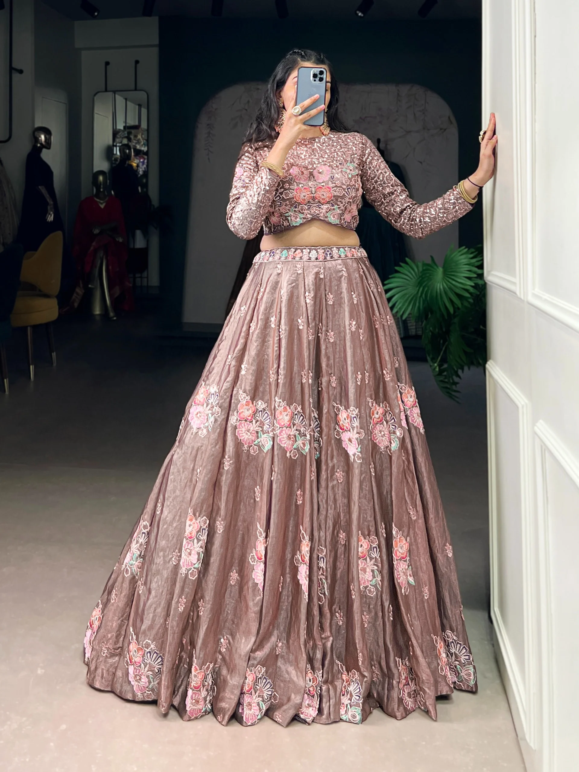 Elegant Onion Fendi Thread Embroidered Lehenga Outfit - Image 2