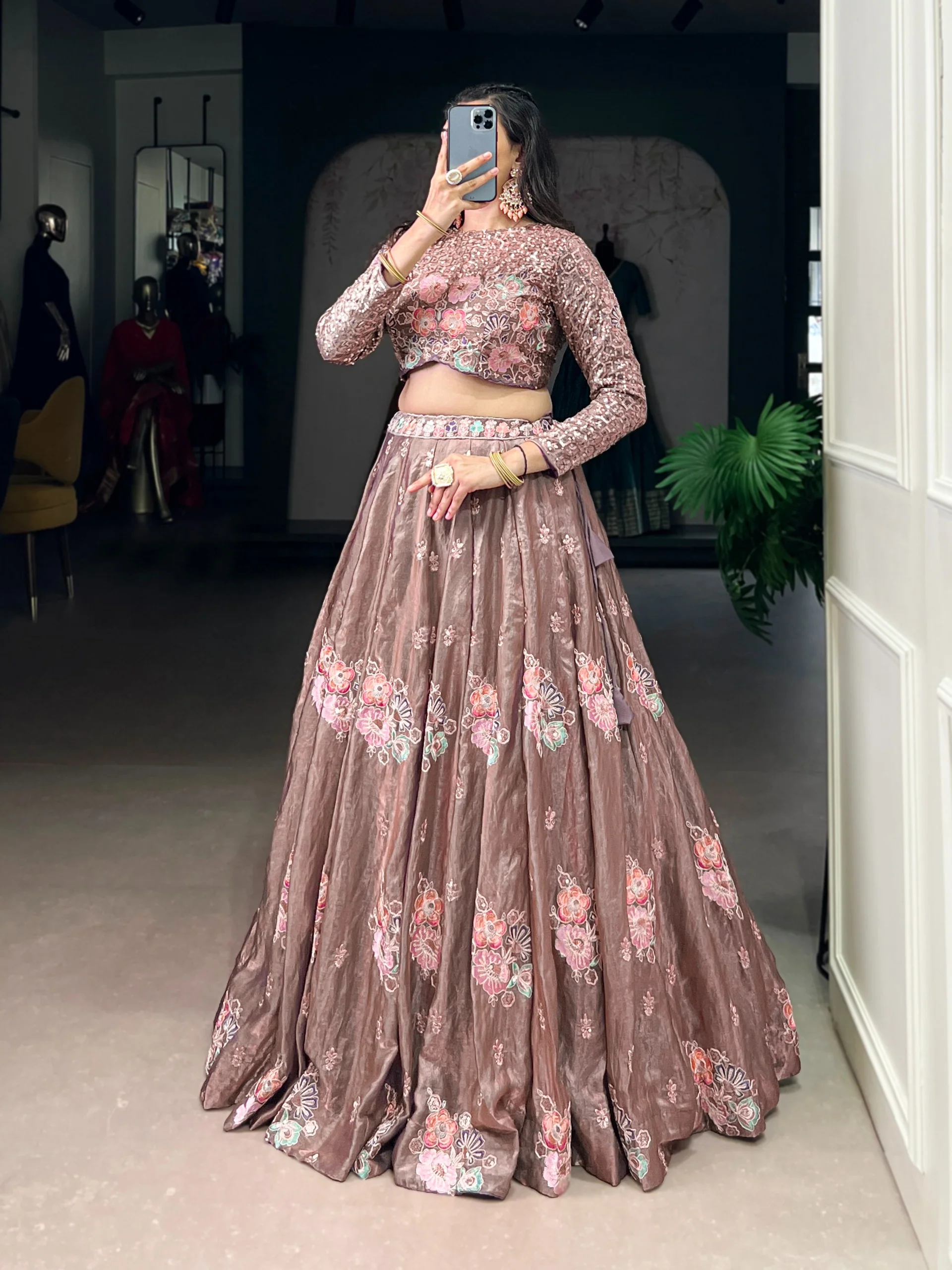 Elegant Onion Fendi Thread Embroidered Lehenga Outfit - Image 3