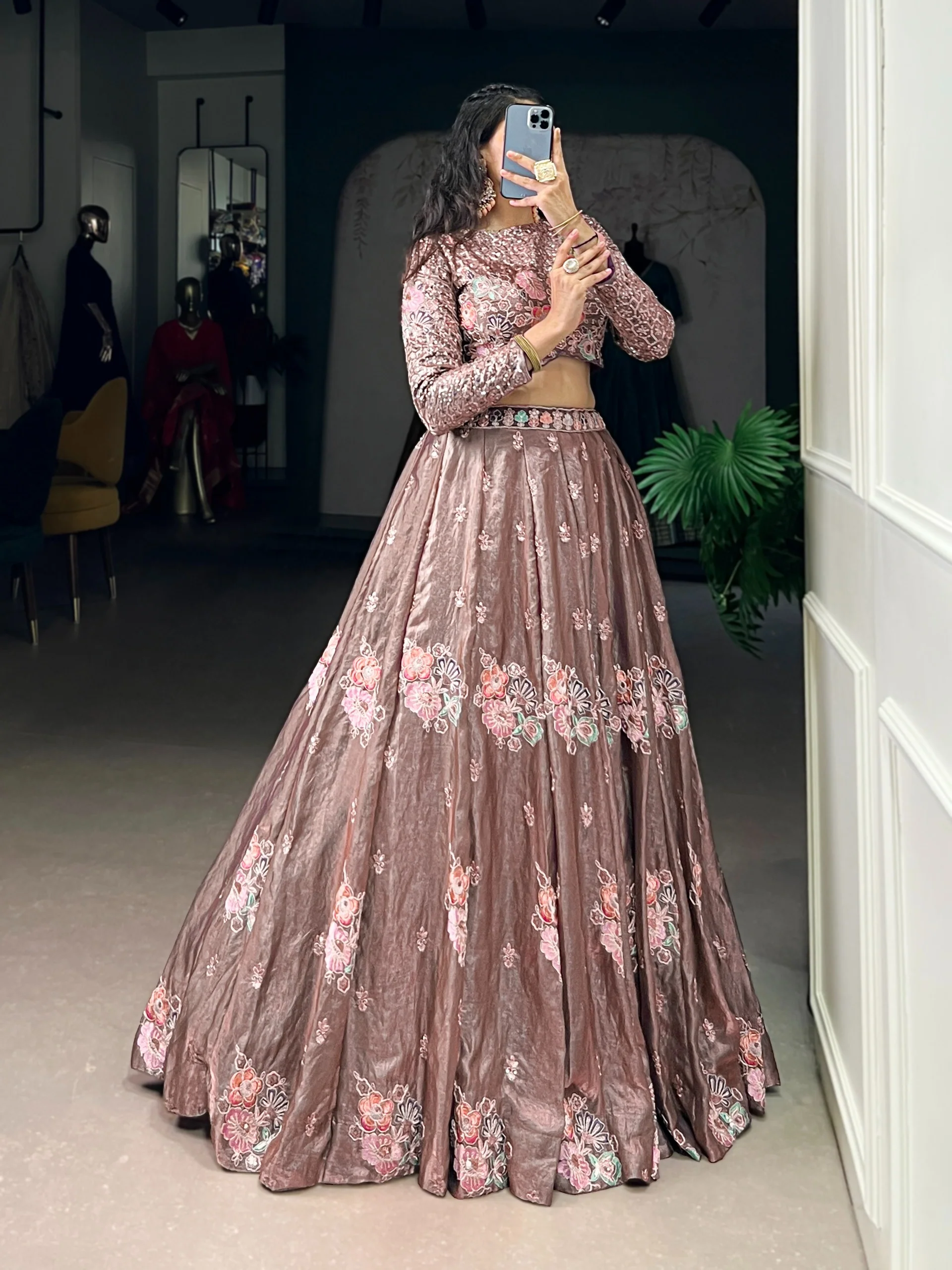 Elegant Onion Fendi Thread Embroidered Lehenga Outfit - Image 4