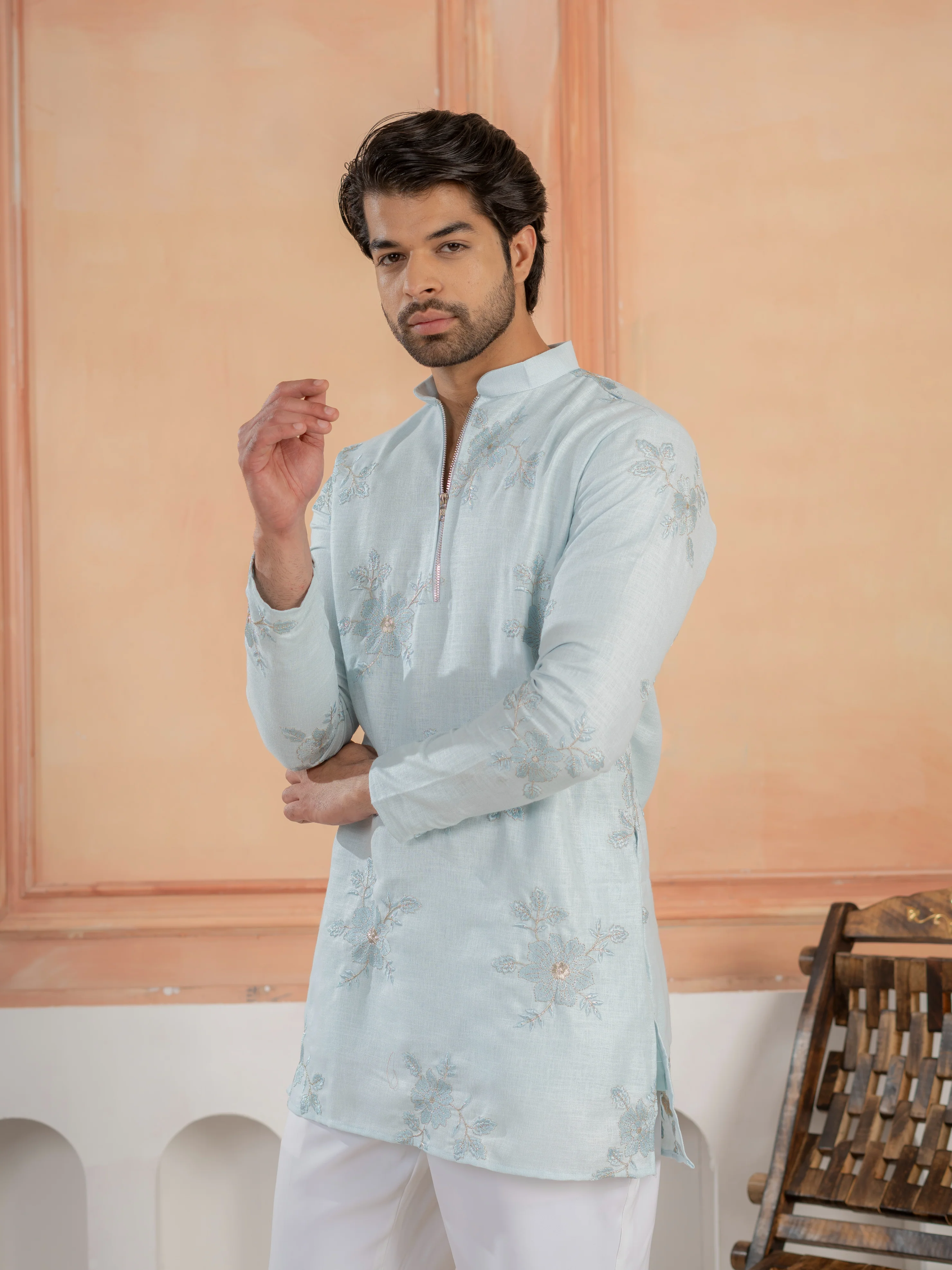 Elegant Sky Pure Linen Golden Embroidered Kurta For Mens - Image 2