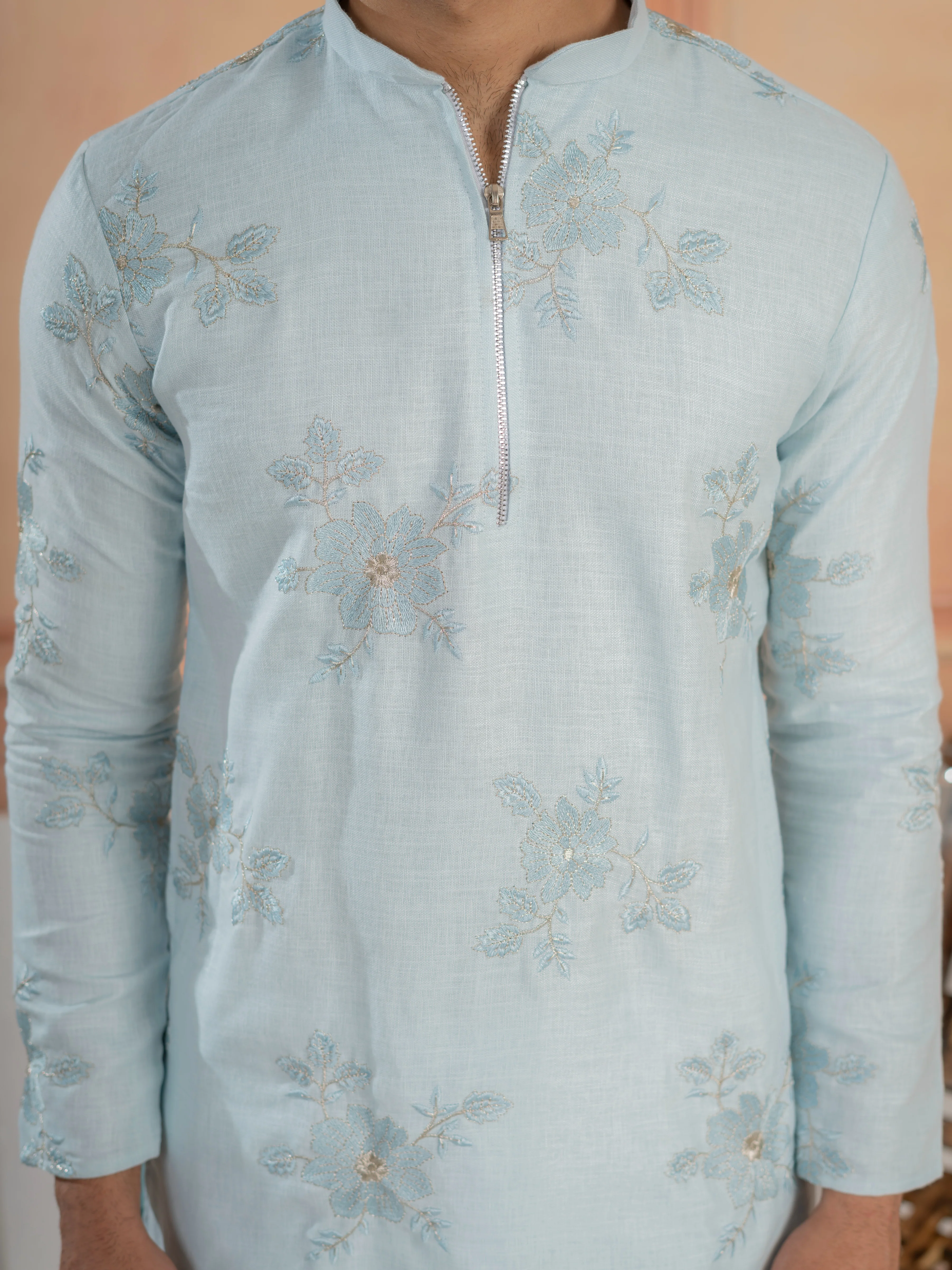 Elegant Sky Pure Linen Golden Embroidered Kurta For Mens - Image 3