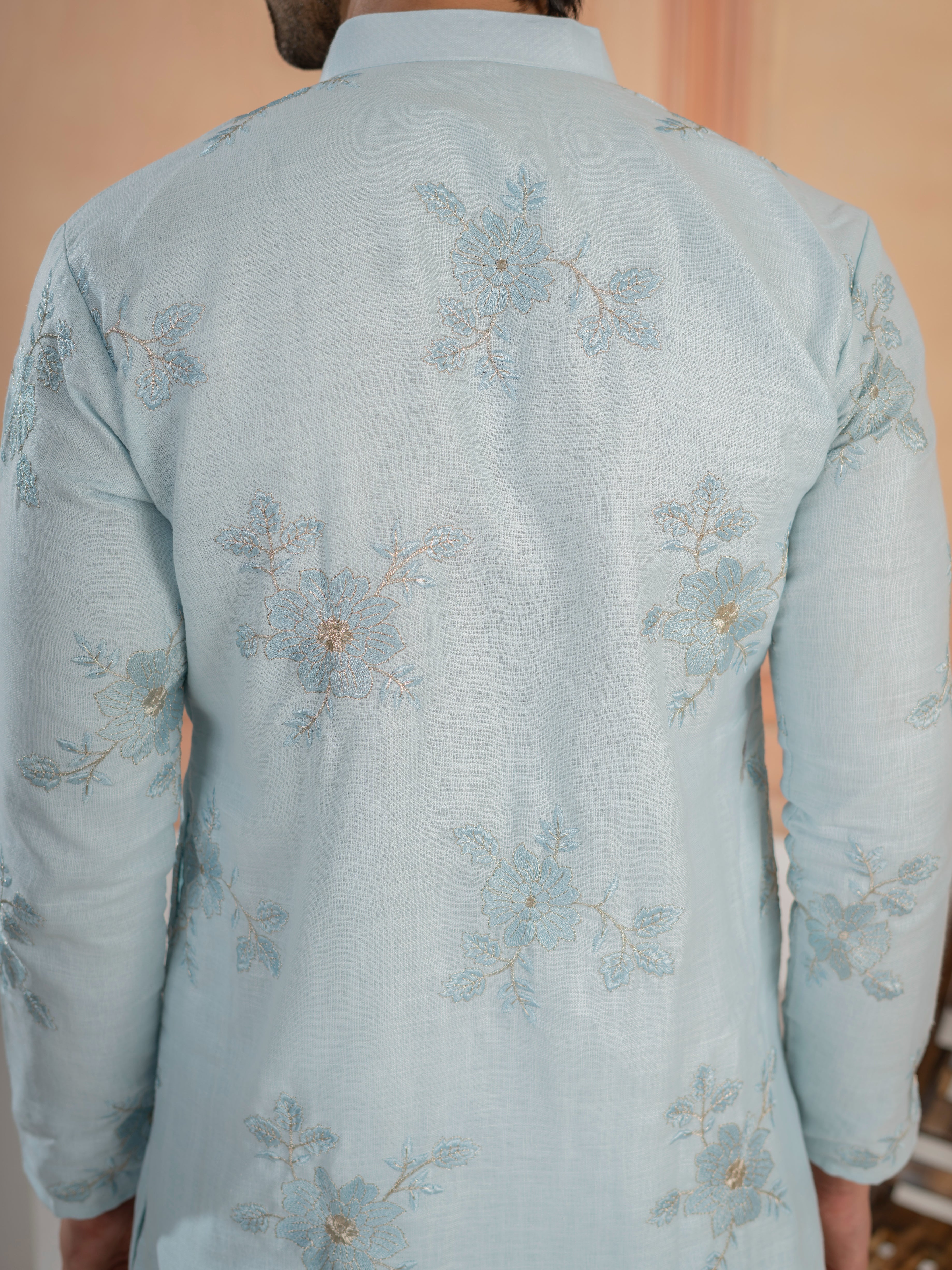 Elegant Sky Pure Linen Golden Embroidered Kurta For Mens - Image 4