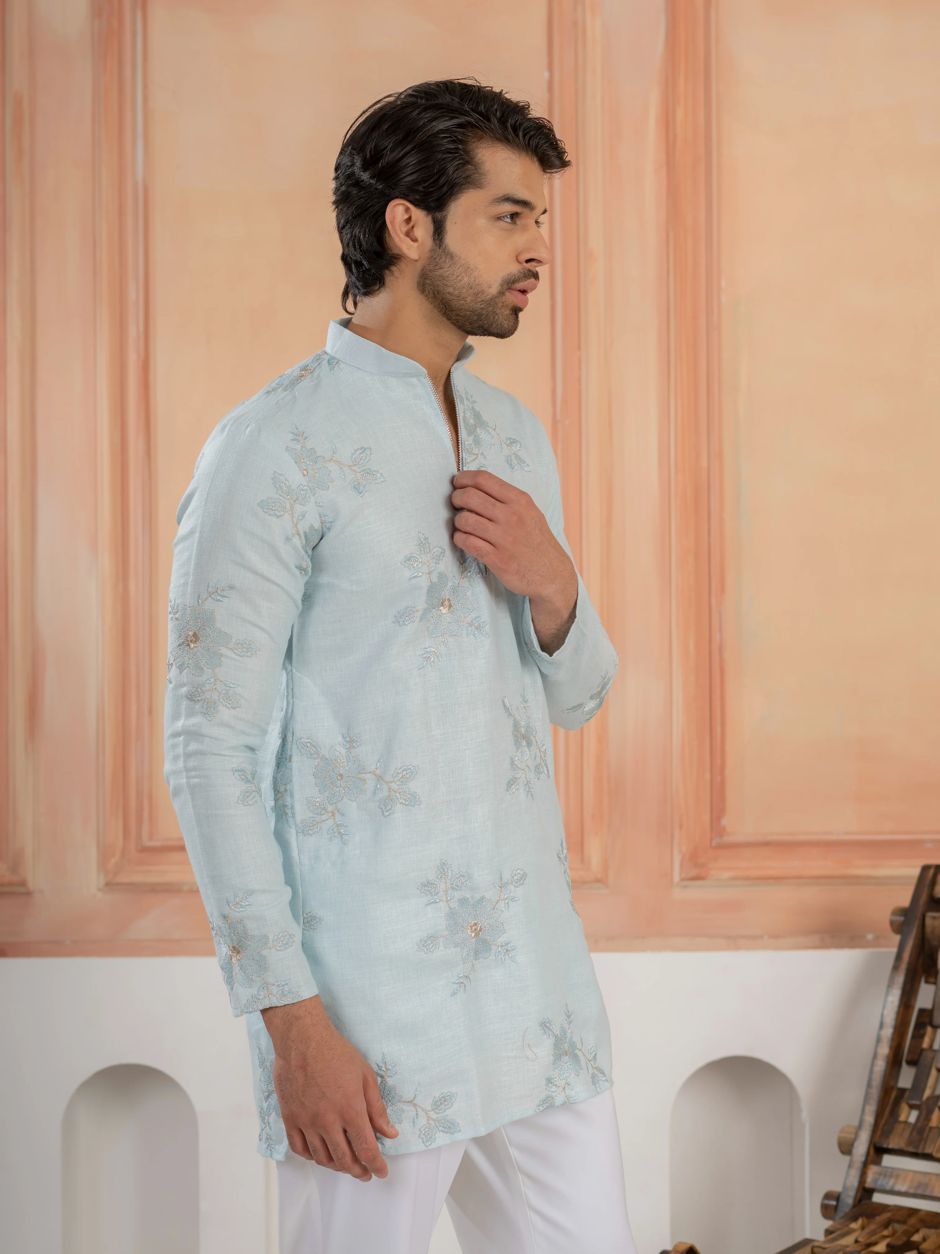 Elegant Sky Pure Linen Golden Embroidered Kurta For Mens - Image 5
