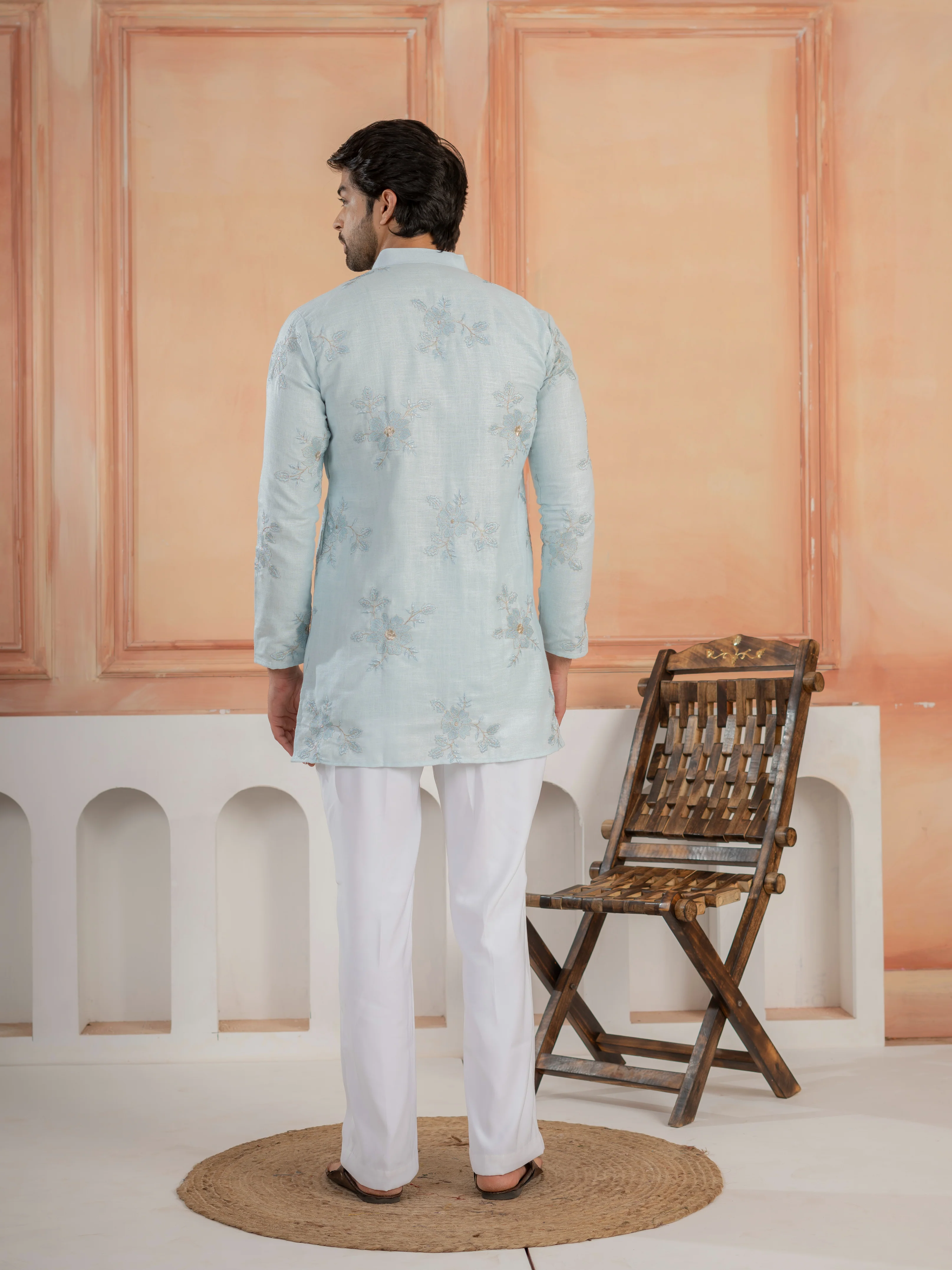 Elegant Sky Pure Linen Golden Embroidered Kurta For Mens - Image 6