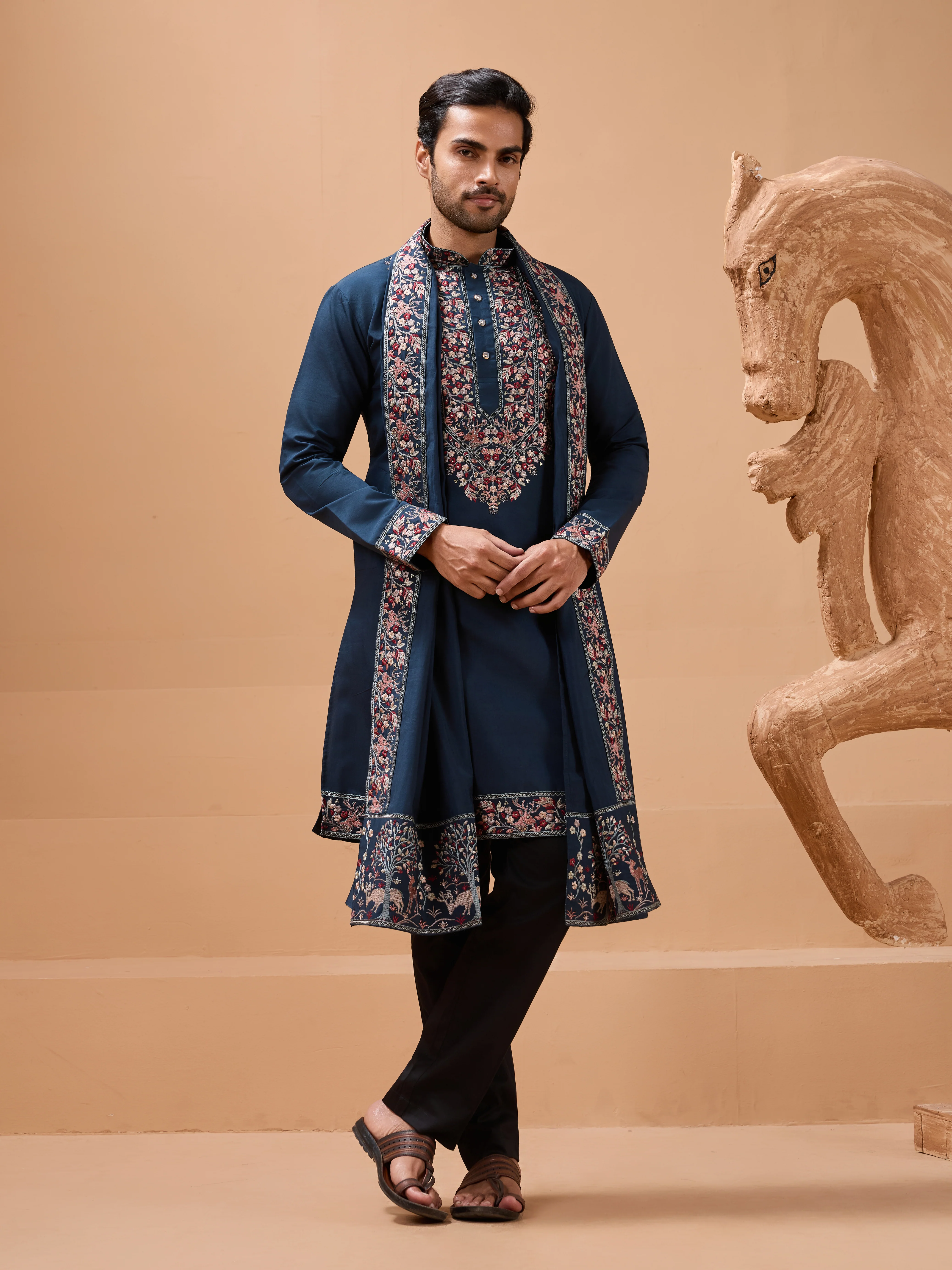 Elegant Teal Blue Kurta with Dupatta for Mens Wear - Image 3