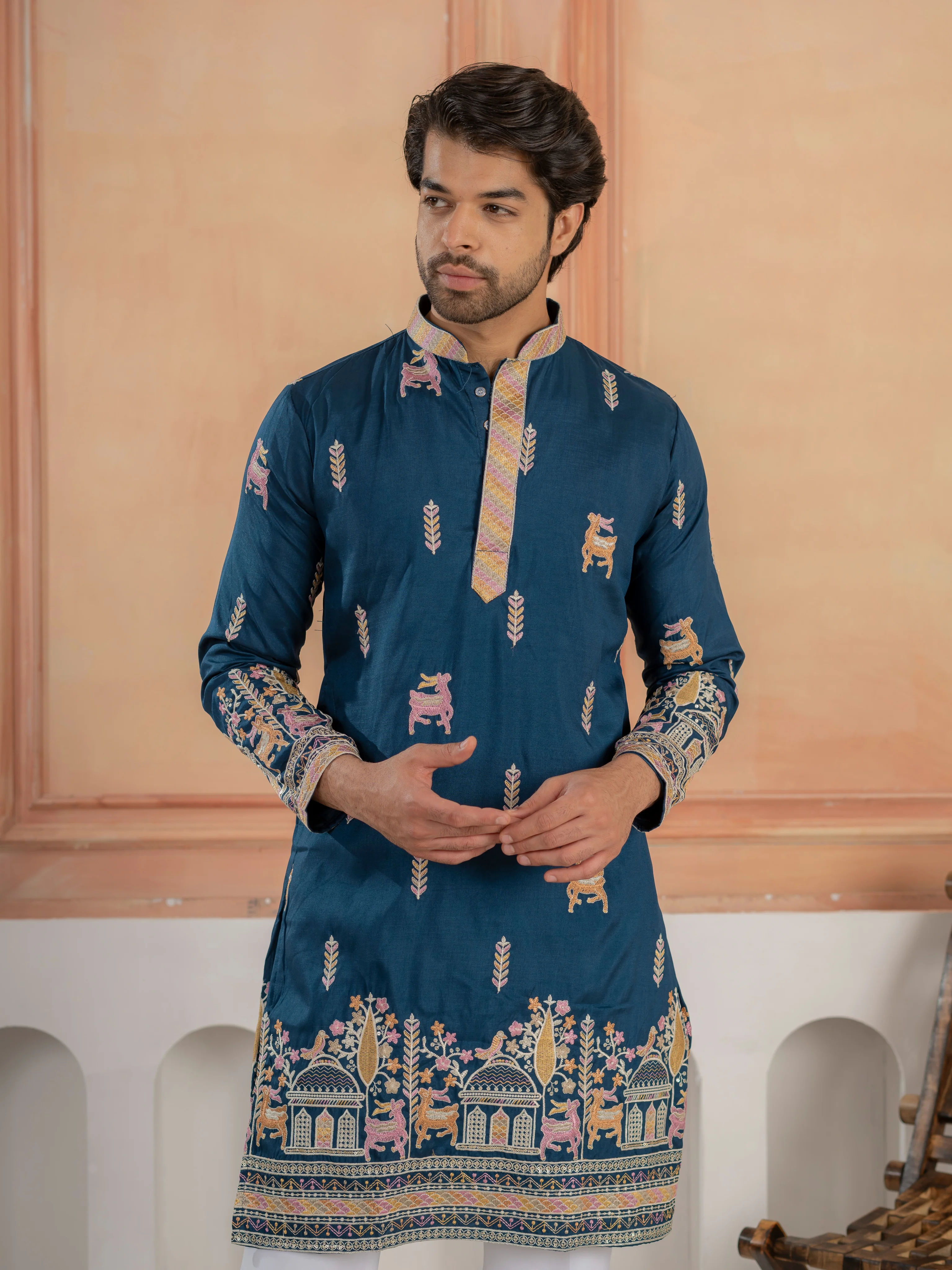 Elegant Teal Blue Soft Silk Embroidery Kurta For Festive Wear - Image 2