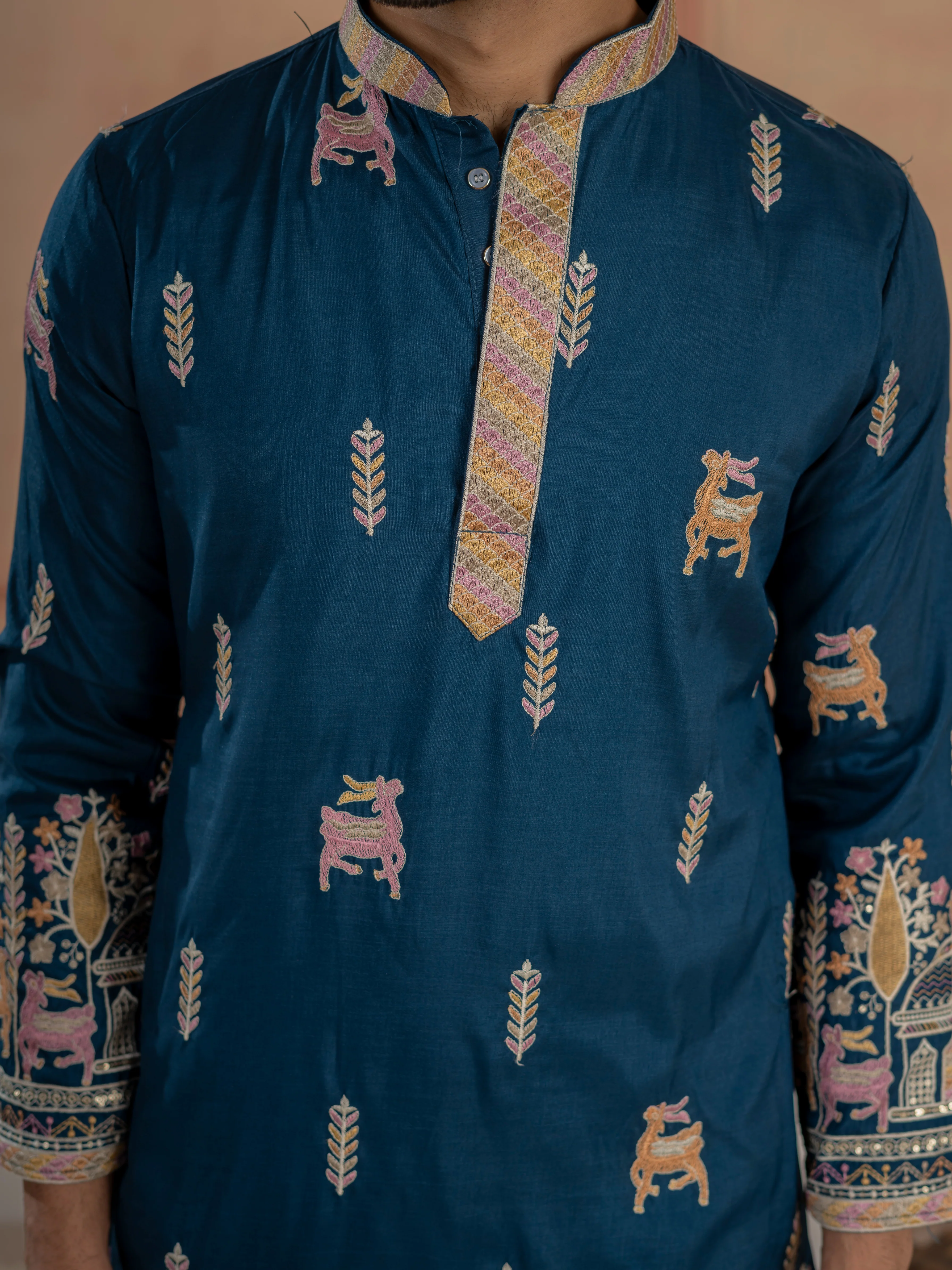 Elegant Teal Blue Soft Silk Embroidery Kurta For Festive Wear - Image 3