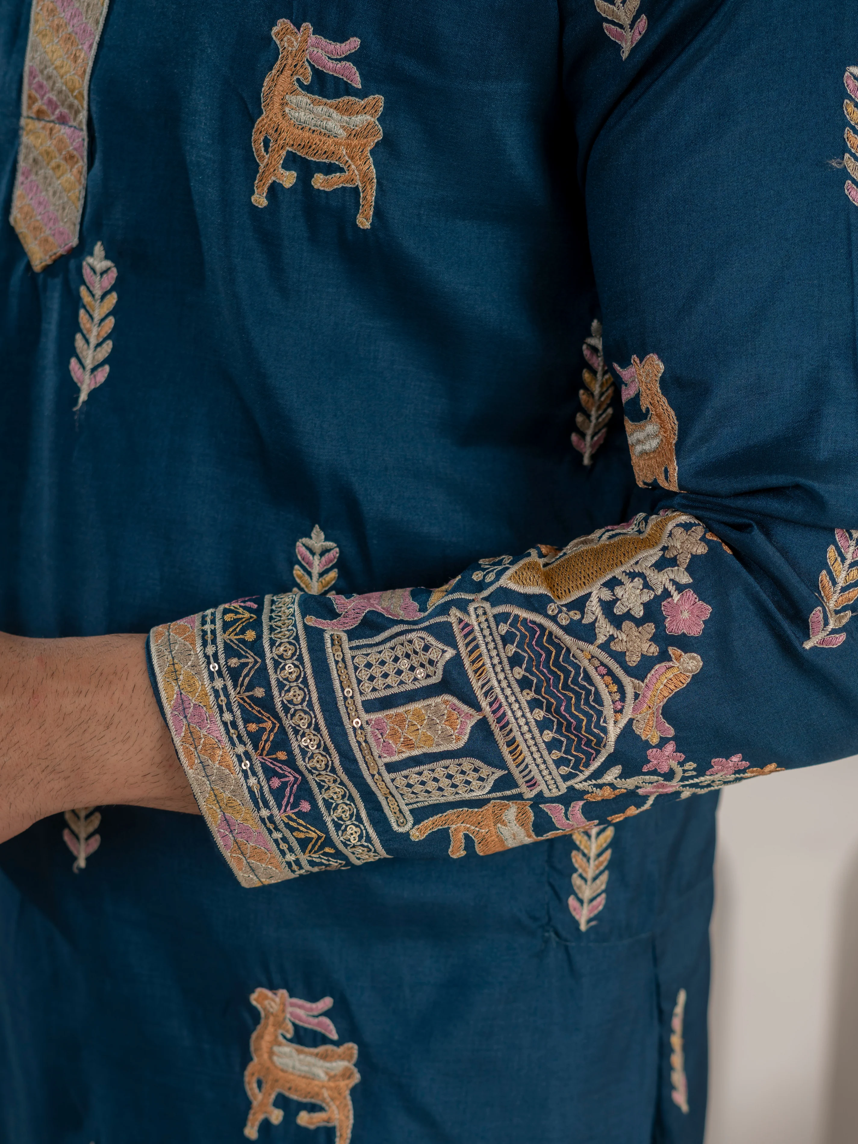 Elegant Teal Blue Soft Silk Embroidery Kurta For Festive Wear - Image 4