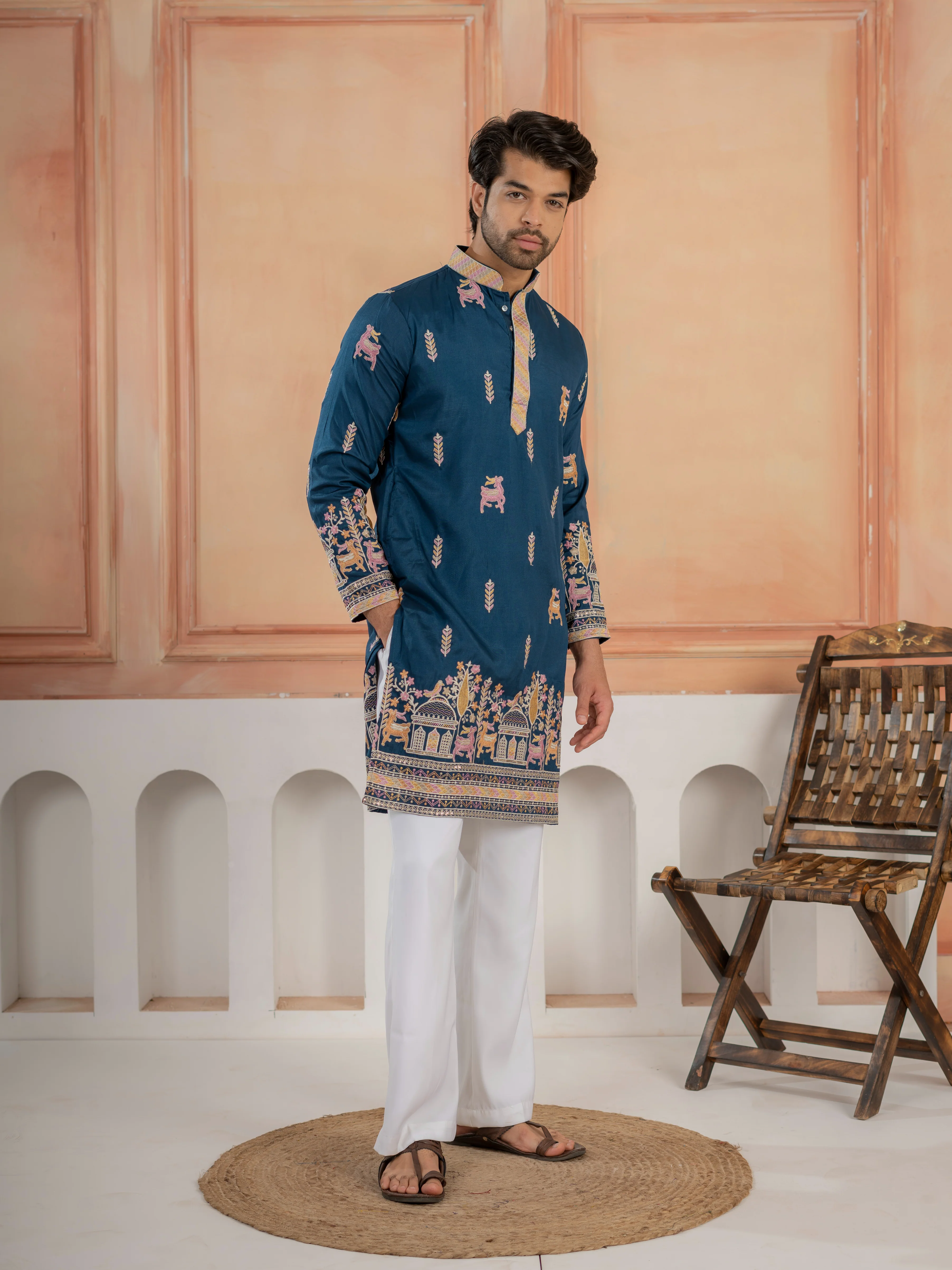 Elegant Teal Blue Soft Silk Embroidery Kurta For Festive Wear - Image 6
