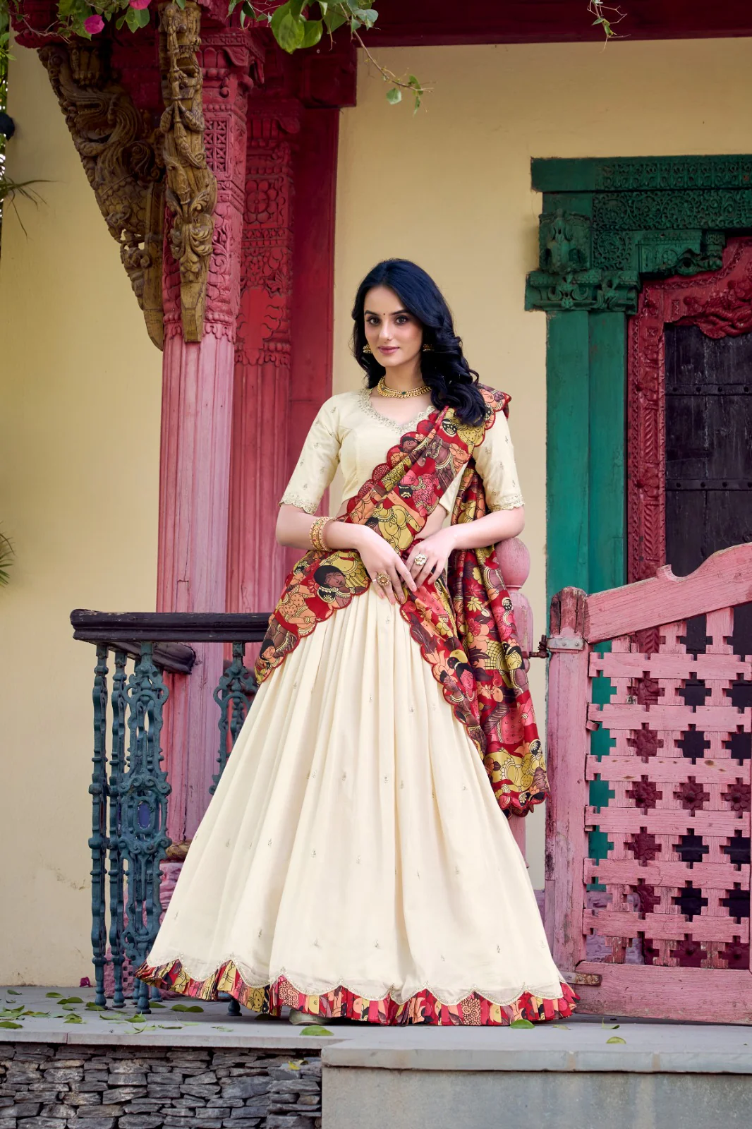 Elegant Vichitra Silk Embroidered Work Lehenga Set with Dupatta For Women - Image 4