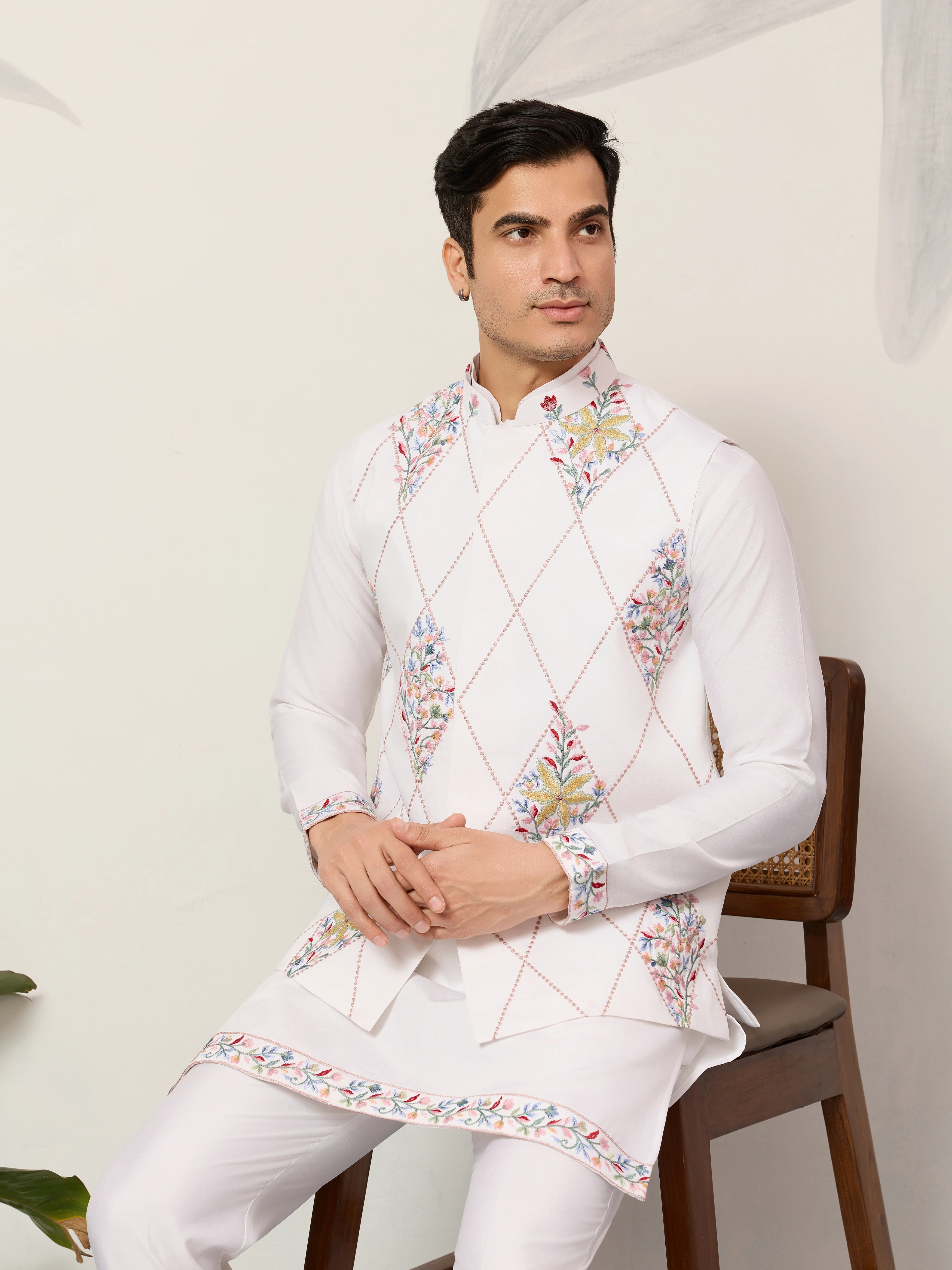 Elegant Wedding Special White Koti Kurta Pajama Set - Image 2