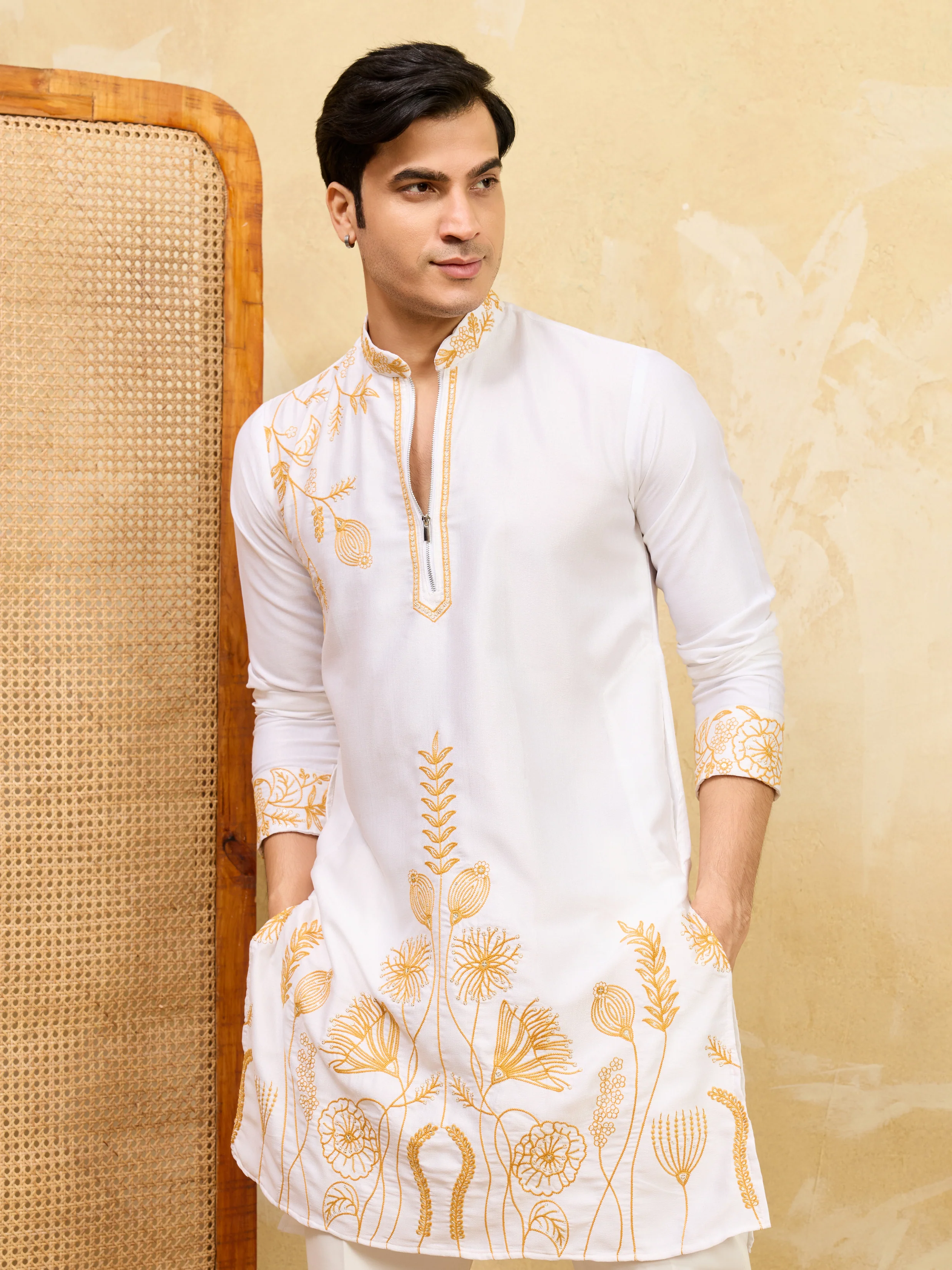 Elegant White Khadi Silk Kurta with Yellow Thread Work - Image 2