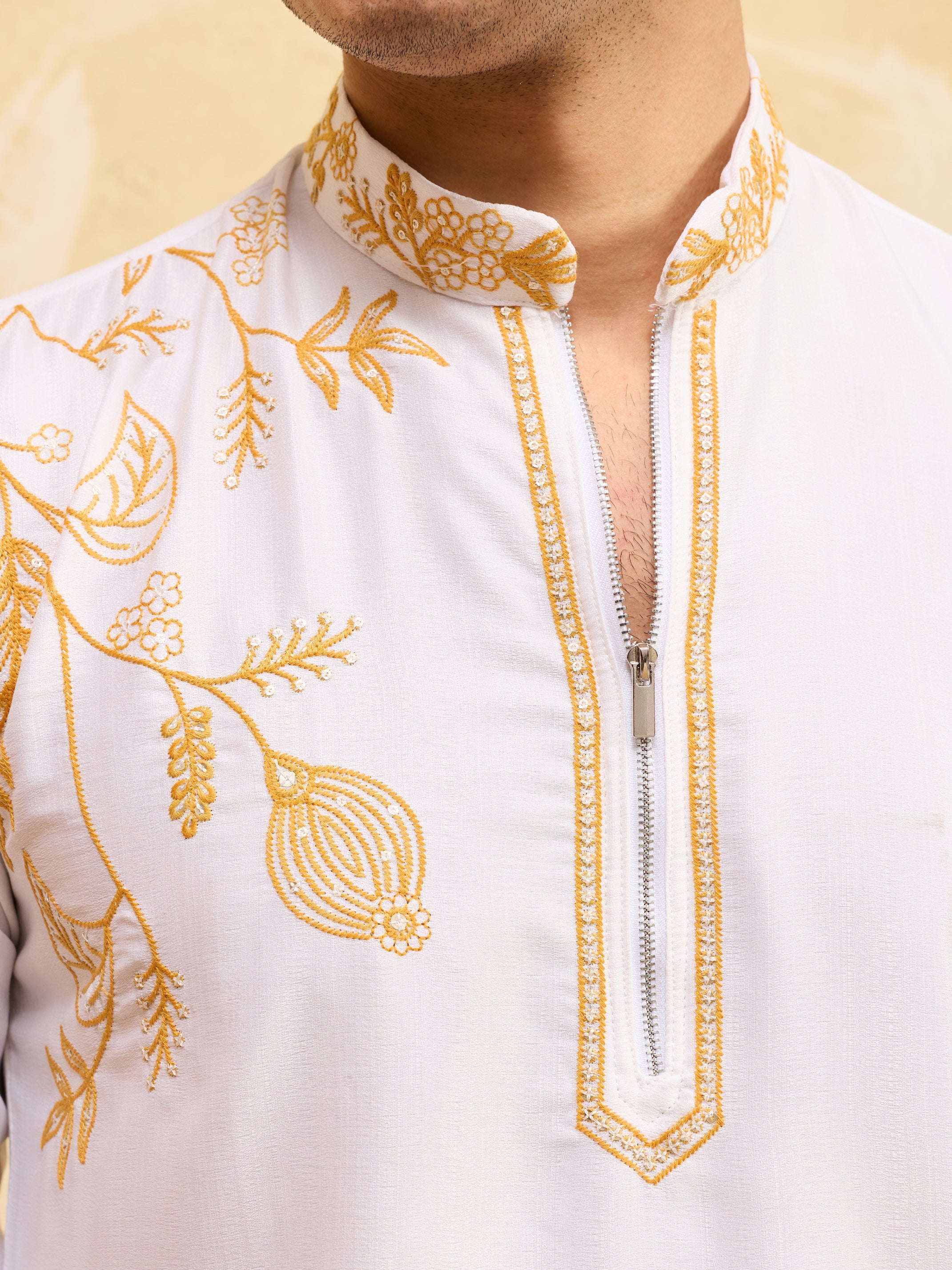 Elegant White Khadi Silk Kurta with Yellow Thread Work - Image 3