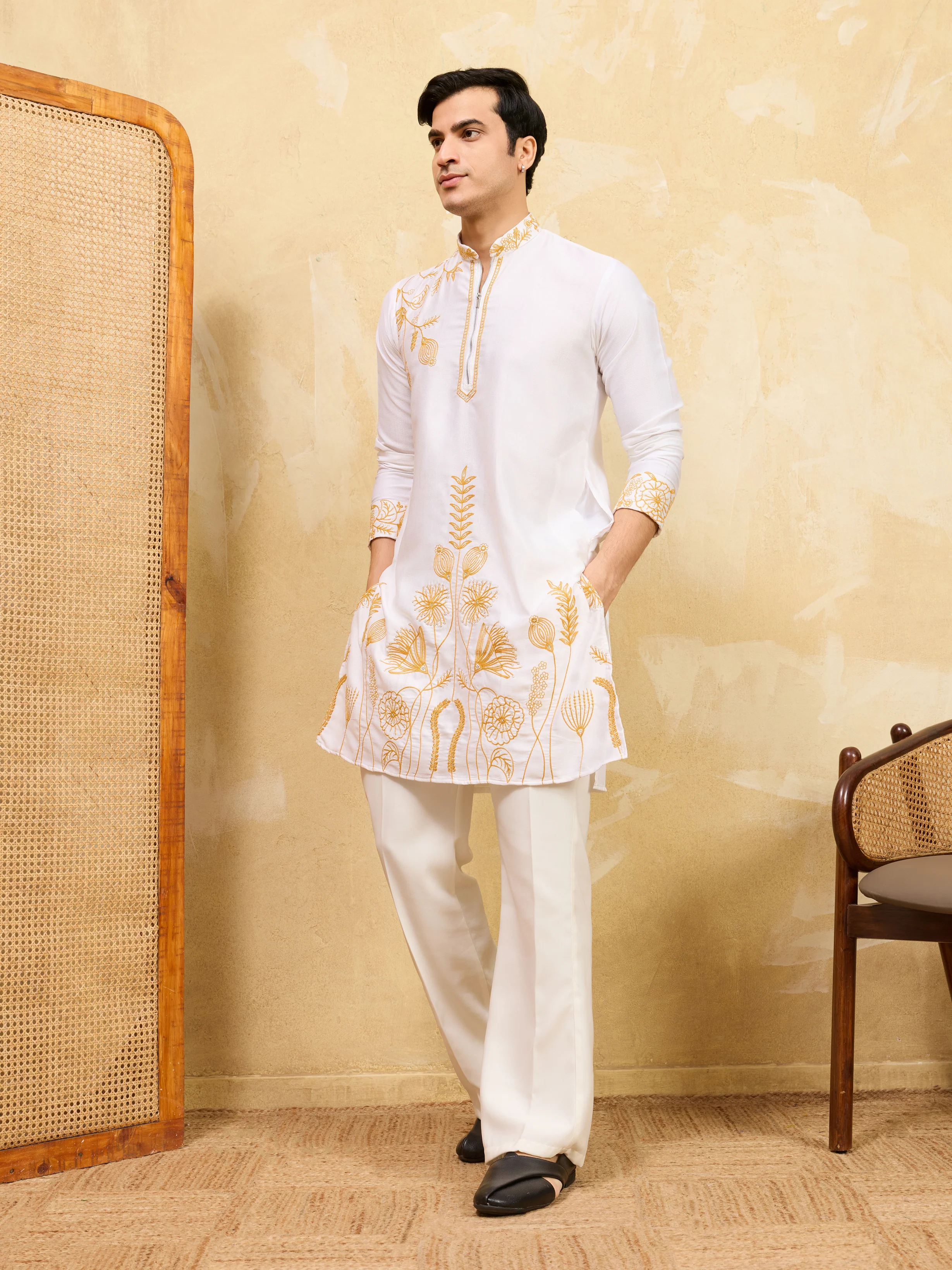 Elegant White Khadi Silk Kurta with Yellow Thread Work - Image 5
