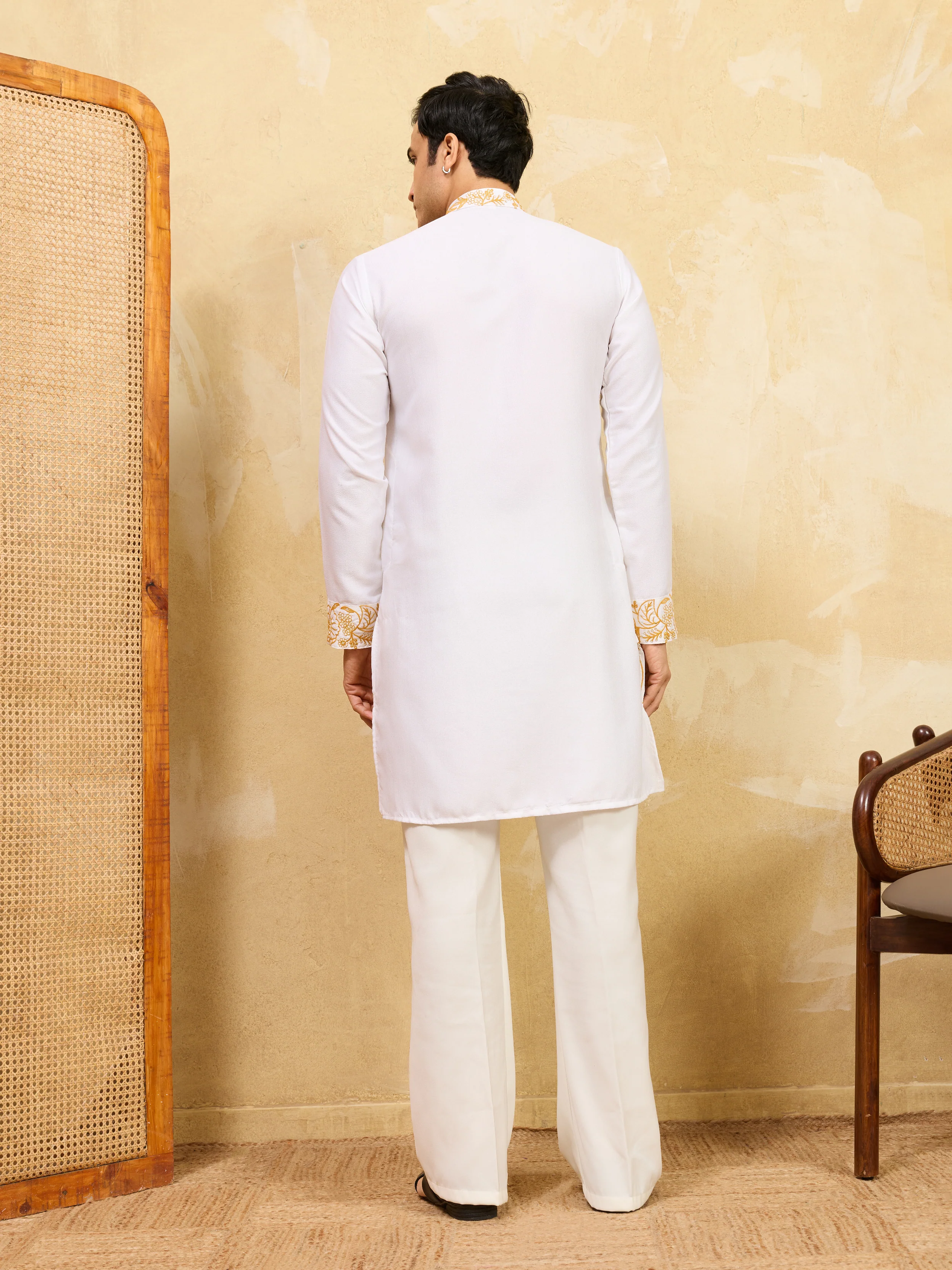 Elegant White Khadi Silk Kurta with Yellow Thread Work - Image 7