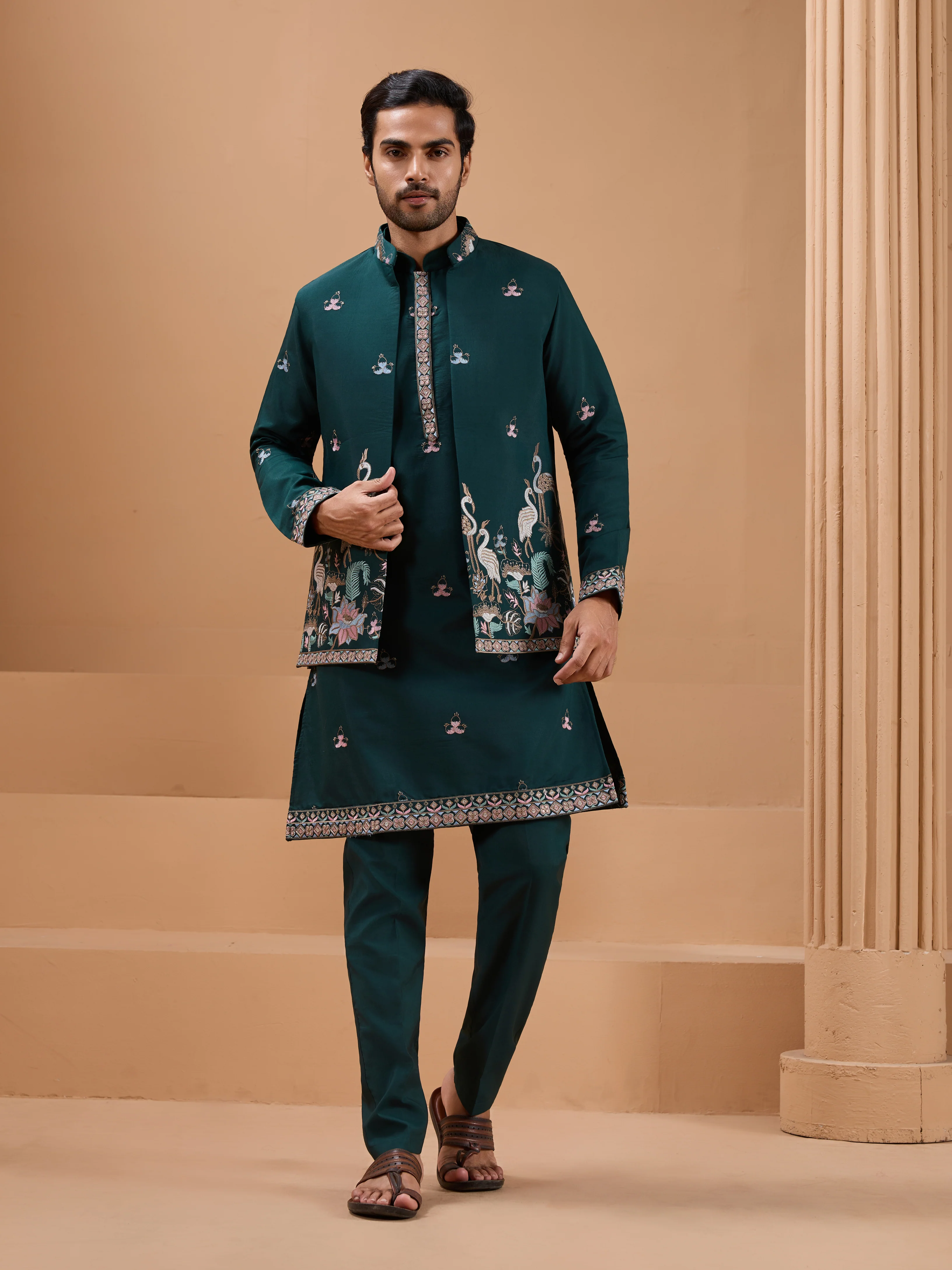 Green Color Embroidered and Sequence Mens Kurta Jacket and Pant Set - Image 2