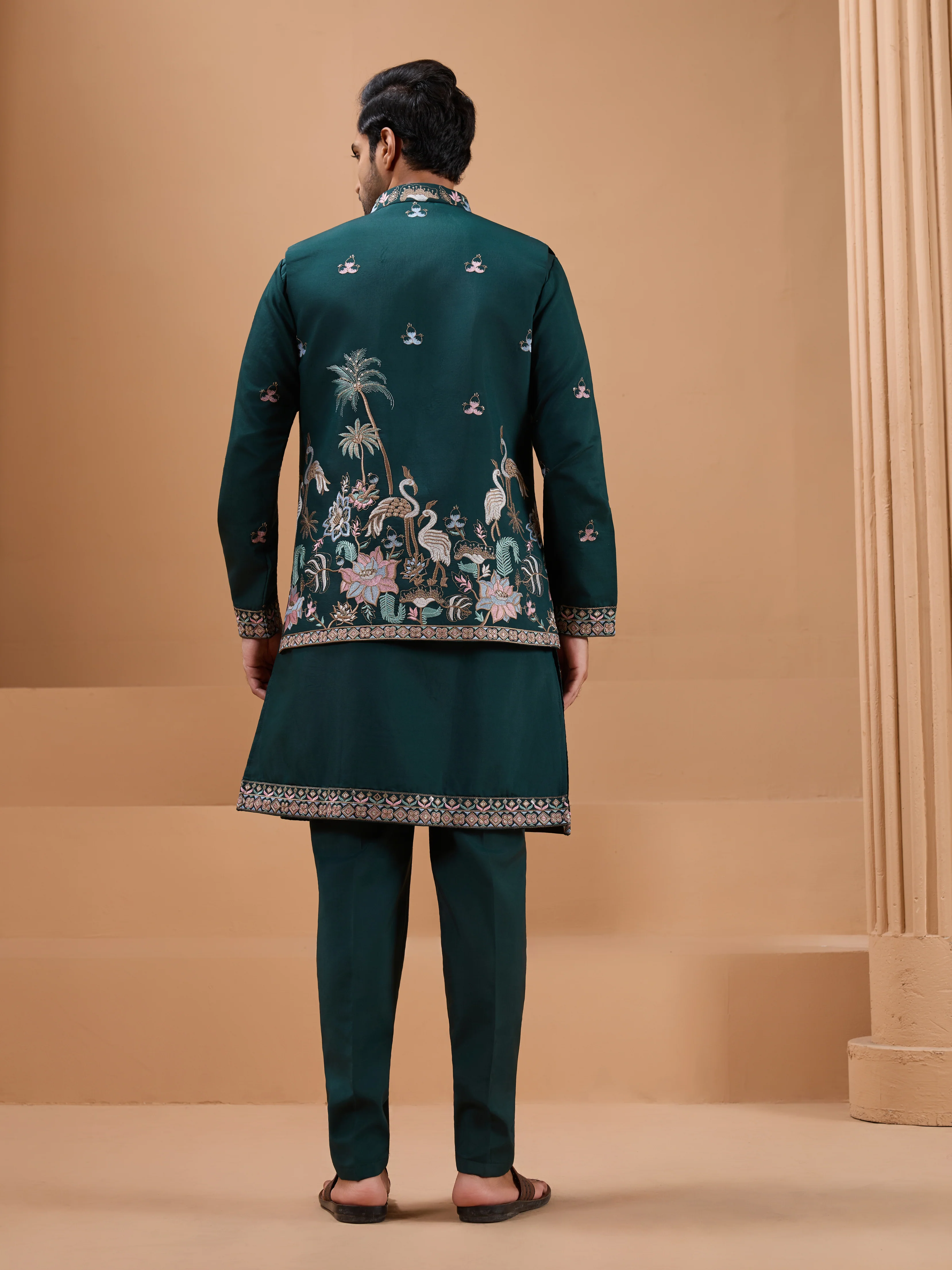 Green Color Embroidered and Sequence Mens Kurta Jacket and Pant Set - Image 3