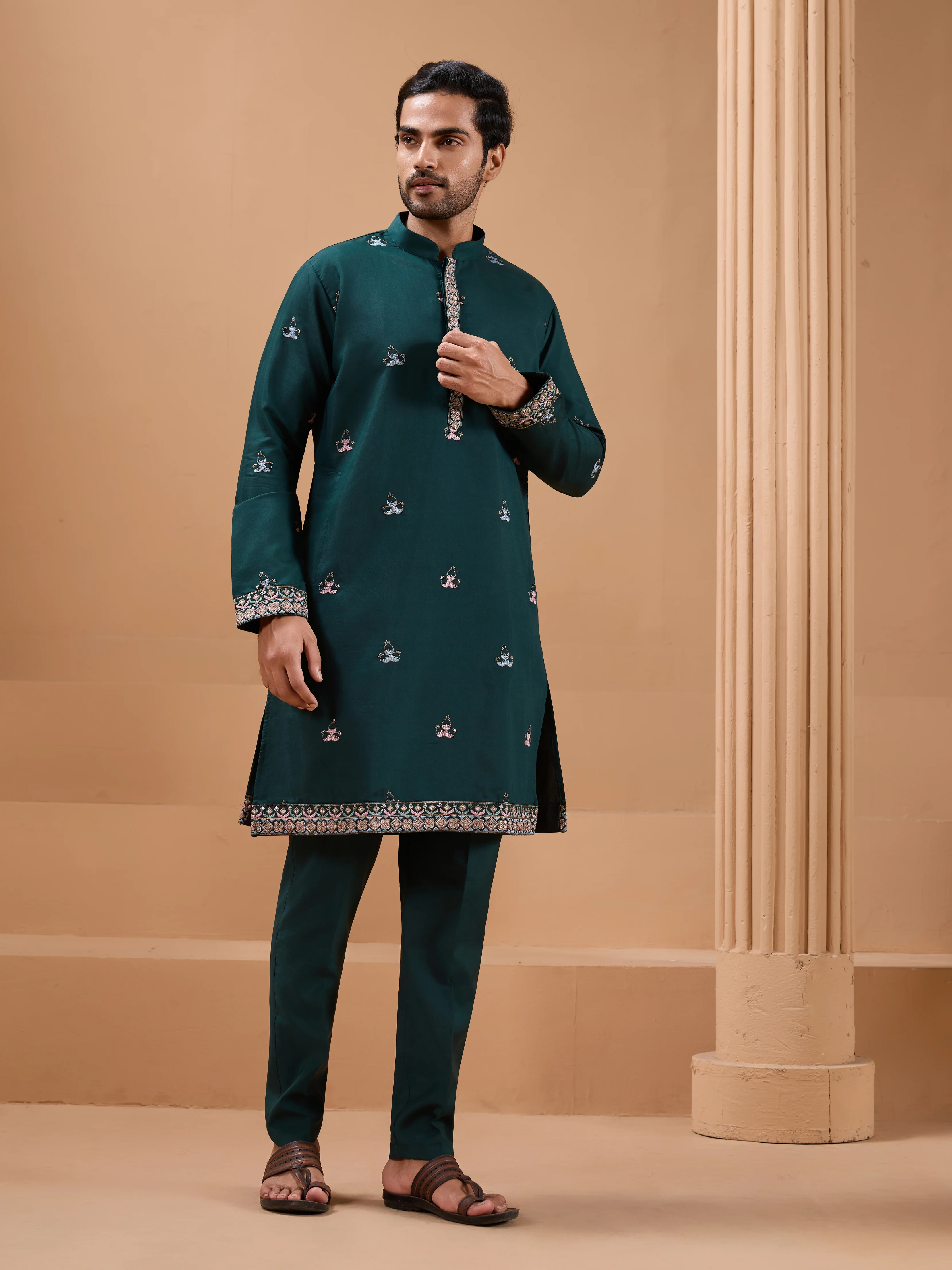 Green Color Embroidered and Sequence Mens Kurta Jacket and Pant Set - Image 4