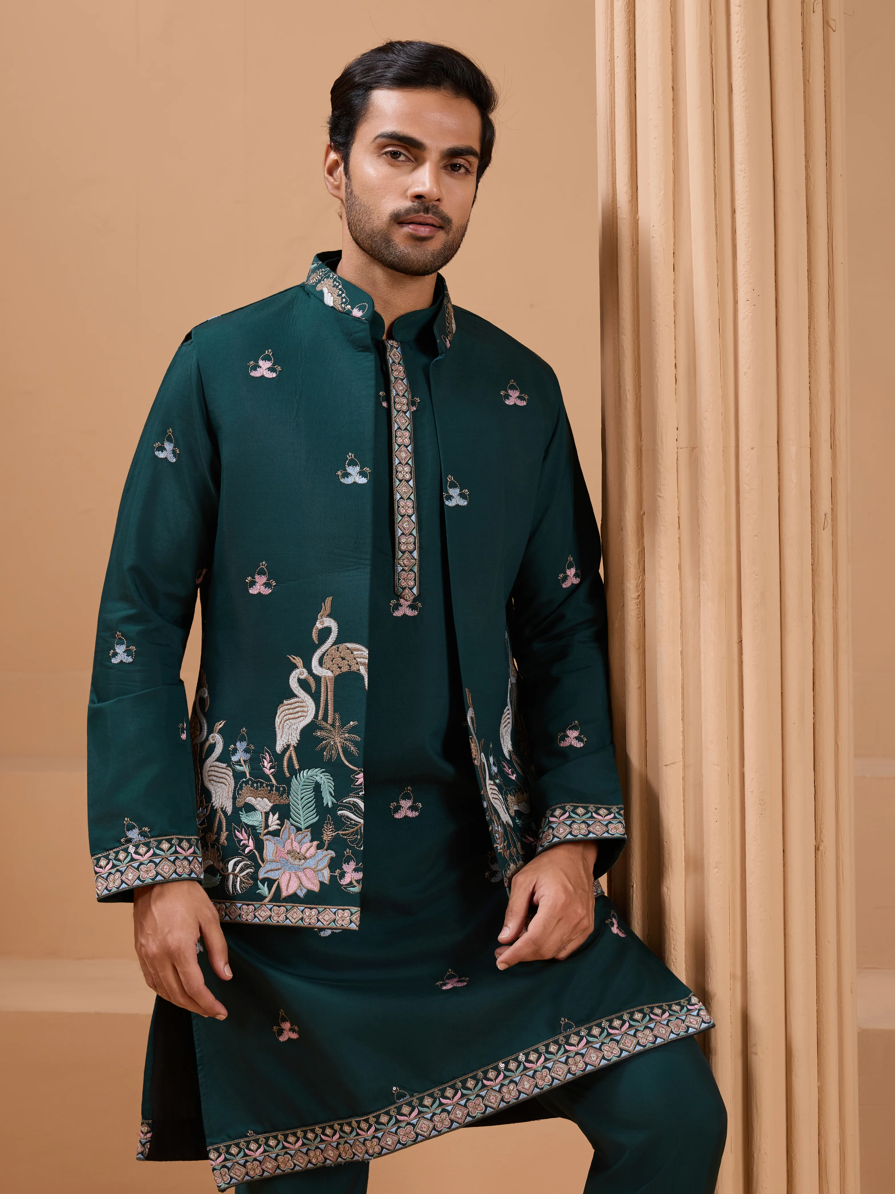 Green Color Embroidered and Sequence Mens Kurta Jacket and Pant Set - Image 5